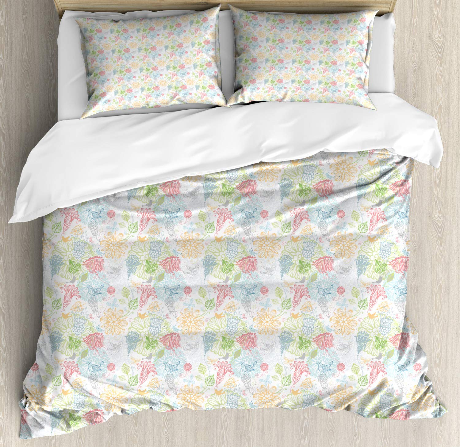 Ambesonne Vintage Leaf Duvet Cover Set - Queen Size 2-Pack with Wildflowers, Leaves & Birds Design - Nature Inspired Bedding Includes 2 Duvet Covers & 4 Pillowcases - Perfect for Boho, Farmhouse or Cottage Style Bedrooms