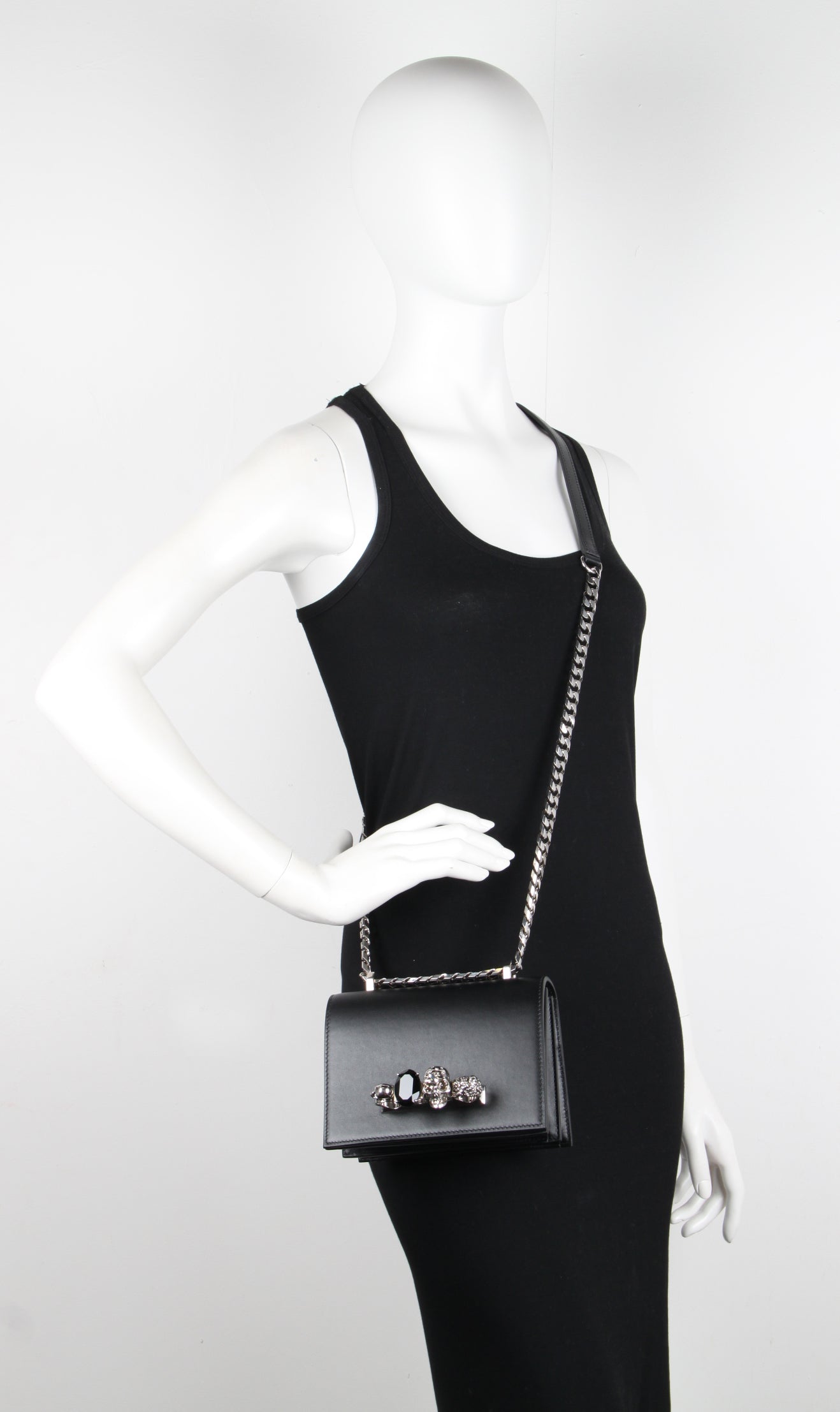 Sparkling Rhinestone Knuckle Satchel - Small Smooth Leather Crossbody Bag in Black & Silver | Perfect for Evening Parties, Date Nights & Special Occasions