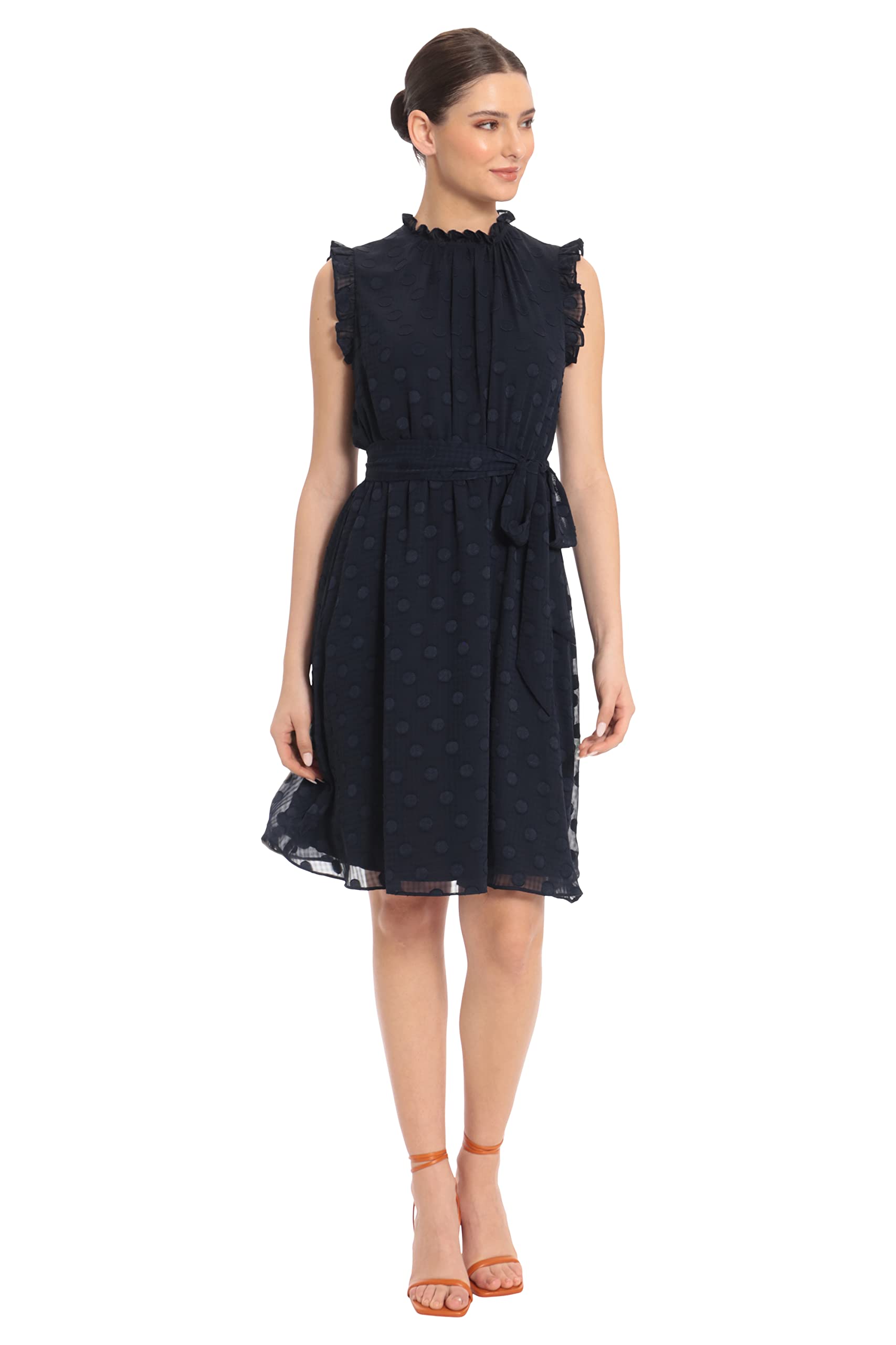 Maggy London Ruffle Neck Dress with Waist Tie for Women - Perfect for Office & Parties