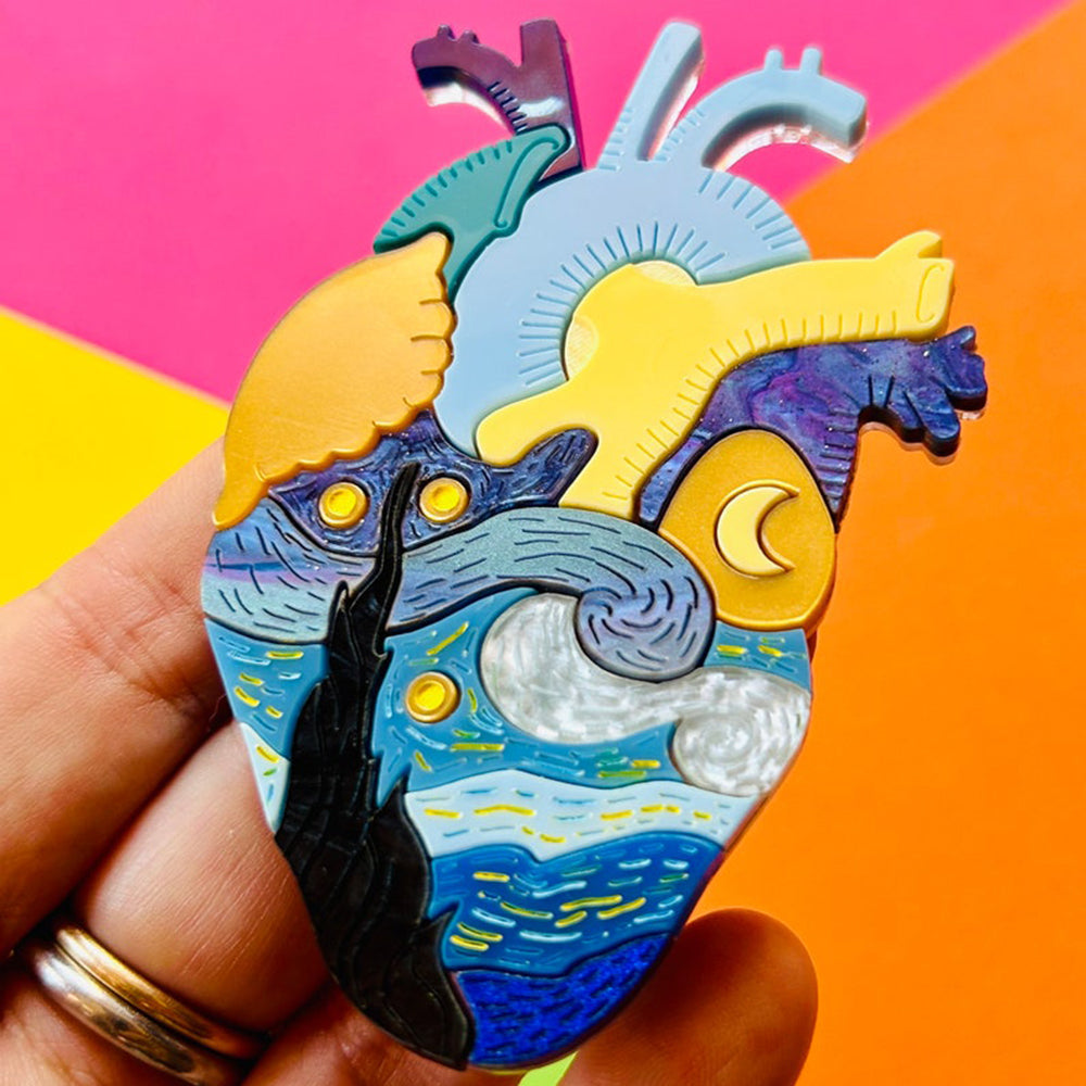 Vincent Van Gogh Starry Night Acrylic Brooch - Anatomical Hearts Collection by Makokot Design - Unique Art Jewelry for Art Lovers, Gift for Artists & Van Gogh Fans