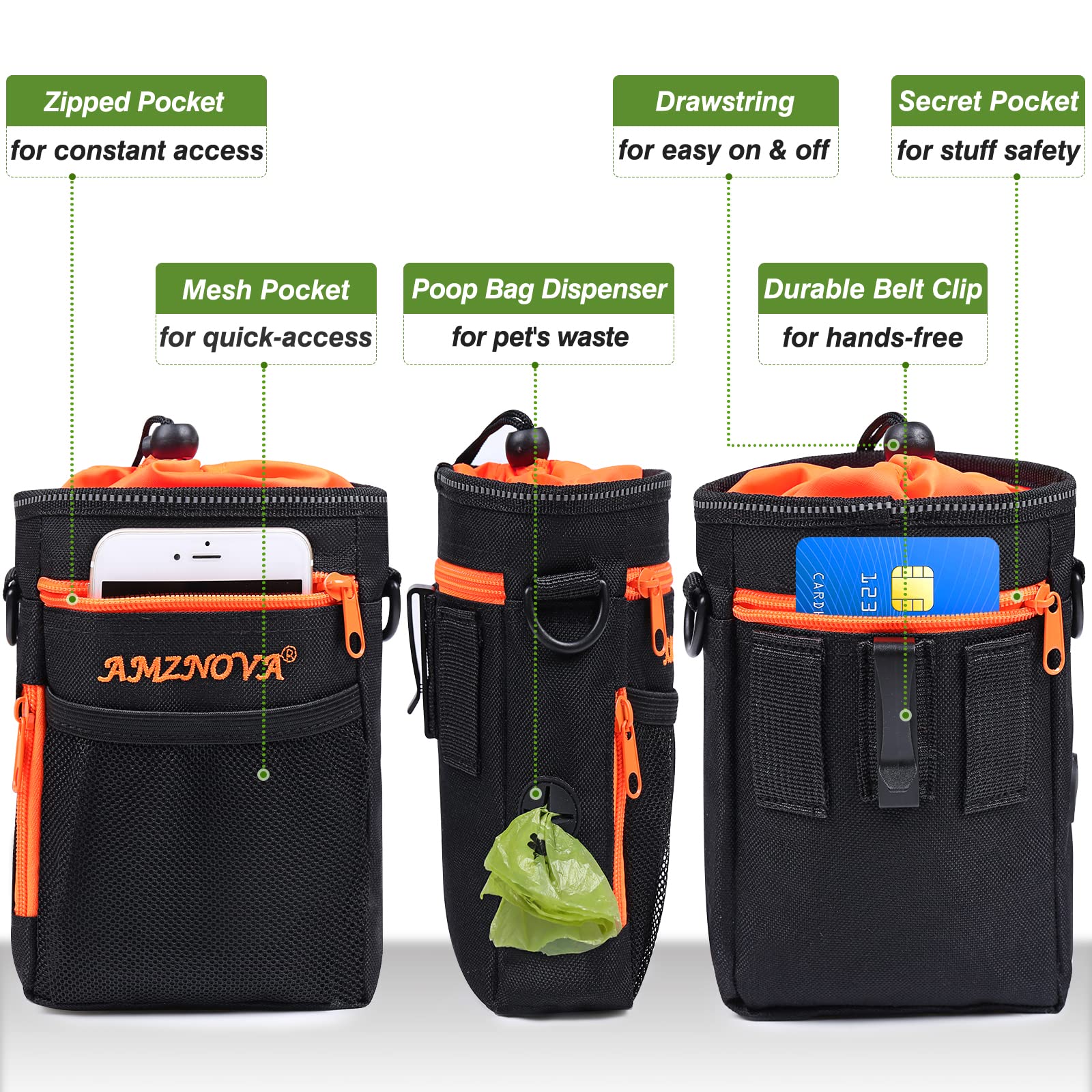 **AMZNOVA Large Dog Treat Pouch - Adjustable Waist & Shoulder Strap Training Bag with Built-in Poop Bag Dispenser - Perfect for Dog Walking, Training & Outdoor Adventures (Black)**