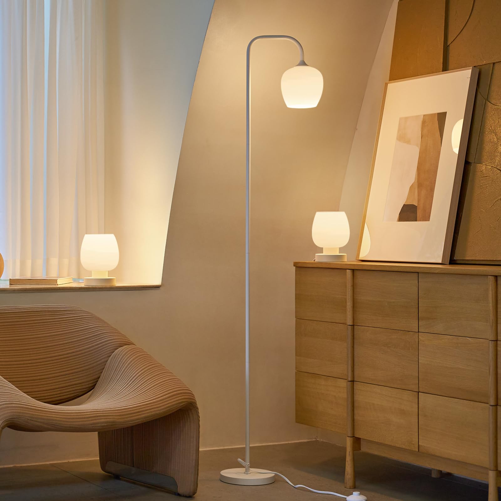 ONEWISH 3-Piece Lamp Set - 2 Touch Bedside Table Lamps & 1 Floor Lamp, Modern LED Lighting for Bedroom, Living Room, Office, Nightstand with White Opal Glass Shade (Bulbs Included) - Perfect for Reading, Relaxing and Home Decor