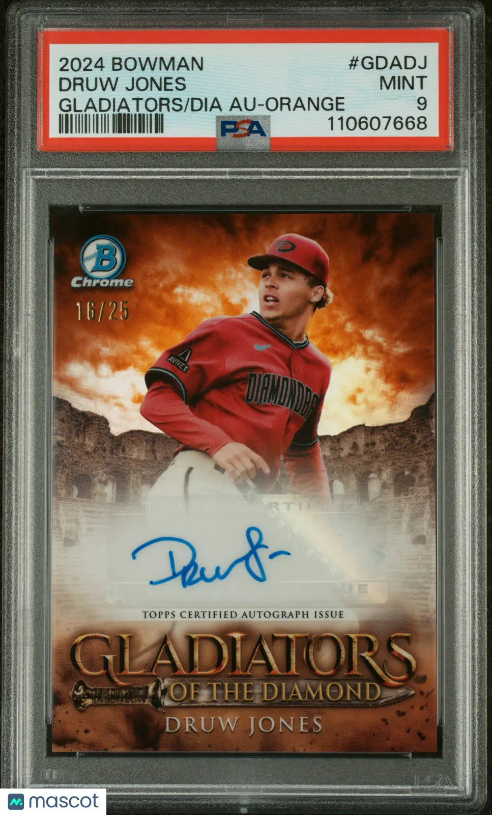 2024 Bowman Gladiators of the Diamond Autographs Druw Jones Orange PSA 9/25 - Rare Baseball Trading Card for Collectors & Investors - Perfect for Sports Memorabilia Displays & Card Showcases