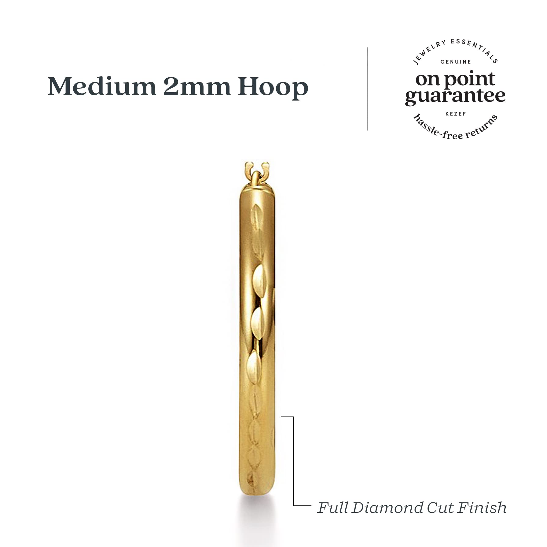 14k Gold Full Diamond-Cut Round Hoop Earrings for Women - 2mm Width in Yellow & White Gold | Multiple Sizes | Elegant Everyday Wear & Special Occasions