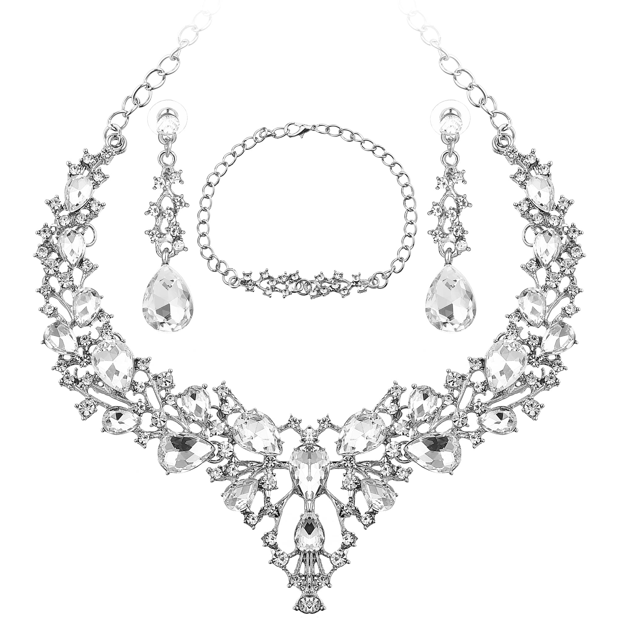 Elegant Rhinestone Bridal Jewelry Set - Silver Crystal Necklace, Earrings & Bracelet for Wedding, Bridesmaid, Prom | Perfect for Indian Weddings, Formal Events & Special Occasions