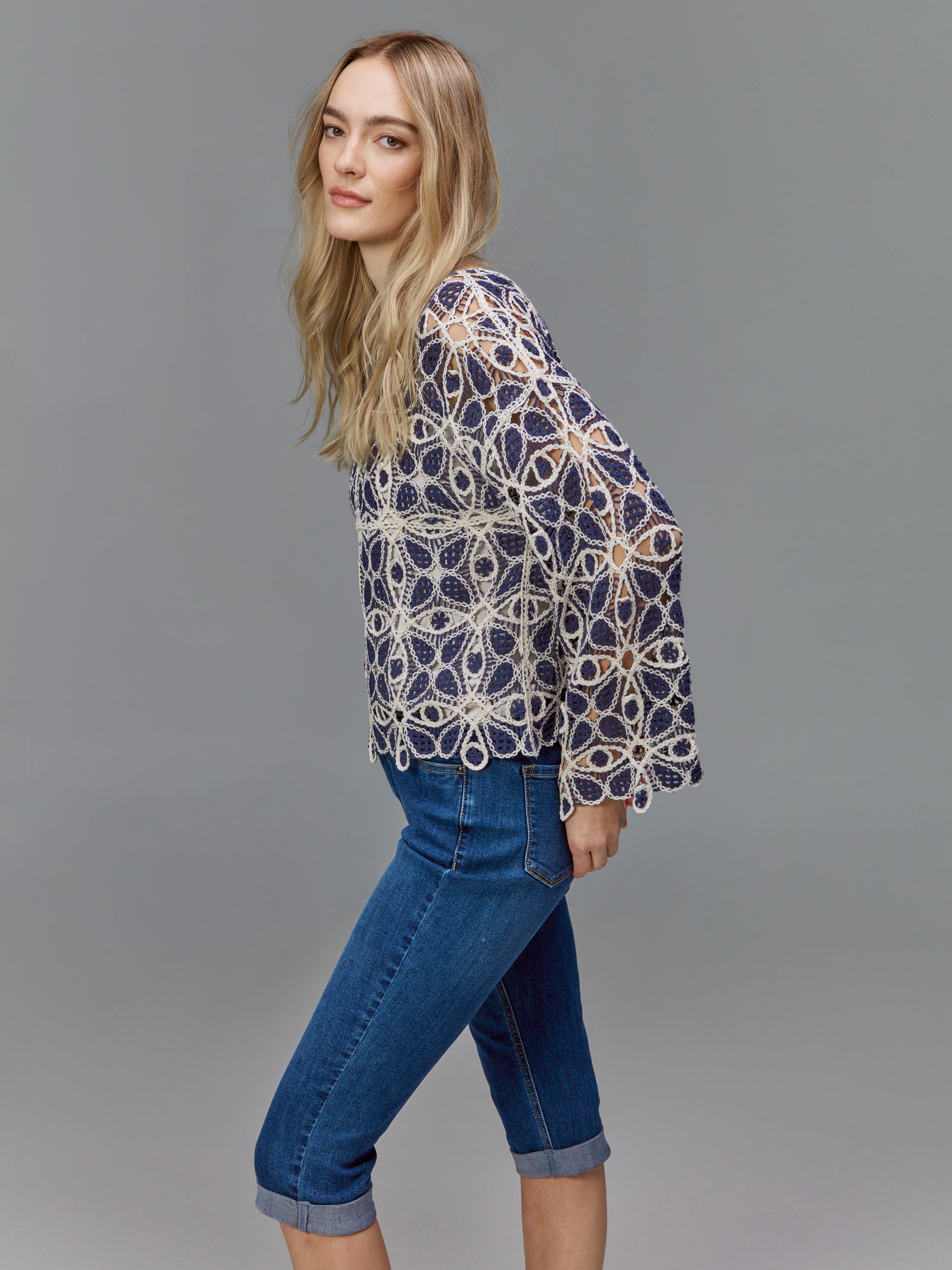 Stylish Cotton Blend Crochet Top with Denim Accents - Perfect for Summer Outfits & Boho Fashion