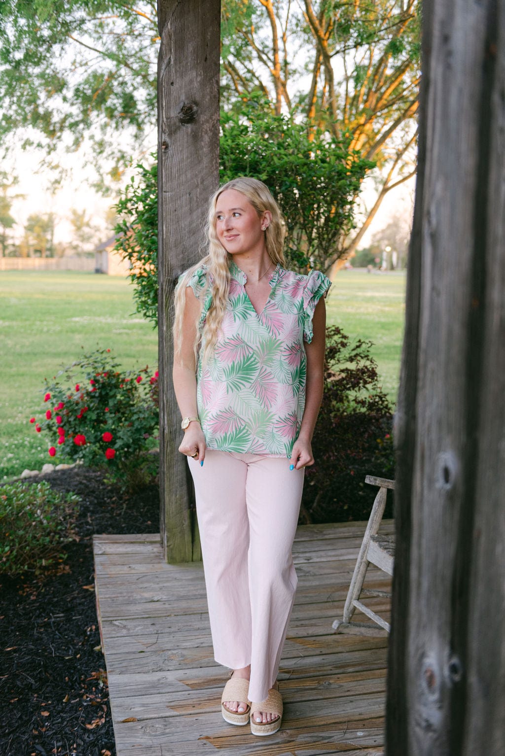 Green Marley Tropical Leaves Top - Stylish Floral Print Blouse for Women | Perfect for Summer Vacations, Beach Outings & Boho Fashion
