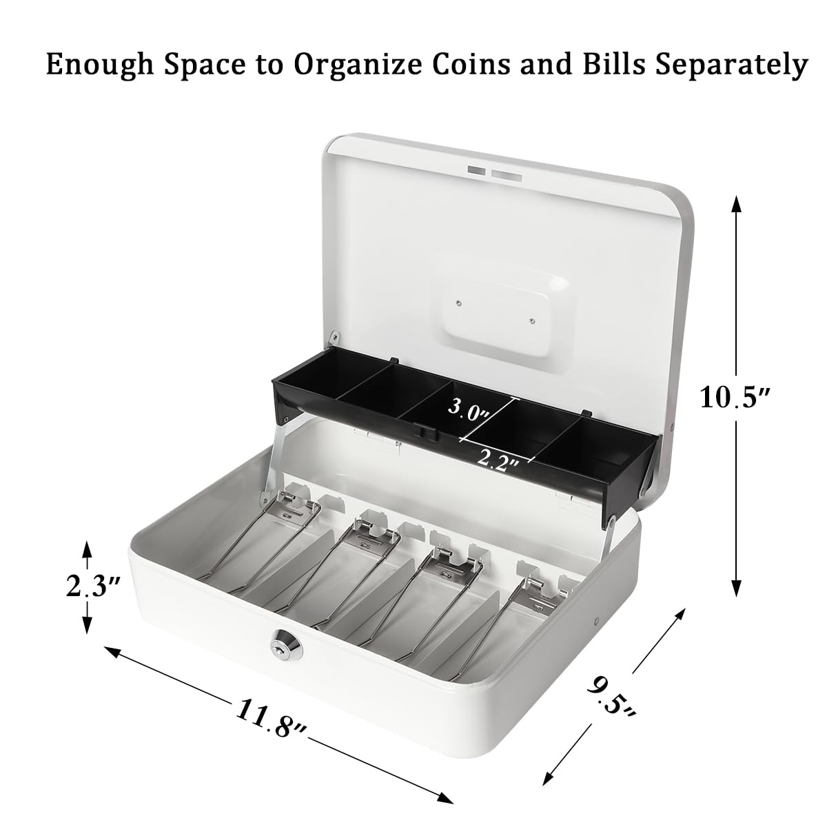 Jssmst Large Metal Cash Box with Key Lock & Money Tray - Secure Money Storage Box for Home, Office, Retail (White, SM-CB0504L) - Ideal for Cash Management, Small Business, and Personal Savings