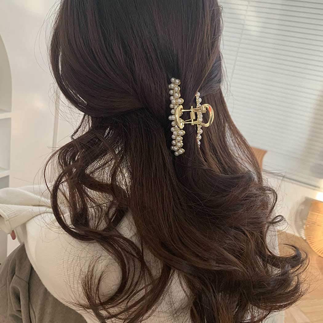 Urieo Large Pearl Hair Claw Clips - Non-Slip Metal Hair Barrettes for Women & Girls - Strong Hold Jaw Clamps for Thick Hair - Rose Gold Hair Accessories for Parties, Weddings & Everyday Use