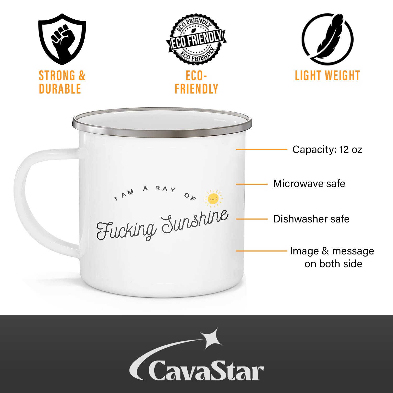 Funny Enamel Campfire Mug - I Am A Ray Of Fucking Sunshine - 12oz White Coffee Cup - Perfect Gift for Best Friend, Sister, Brother, Husband, Wife & Coworkers - Great for Camping, Office Use & Daily Coffee Drinking