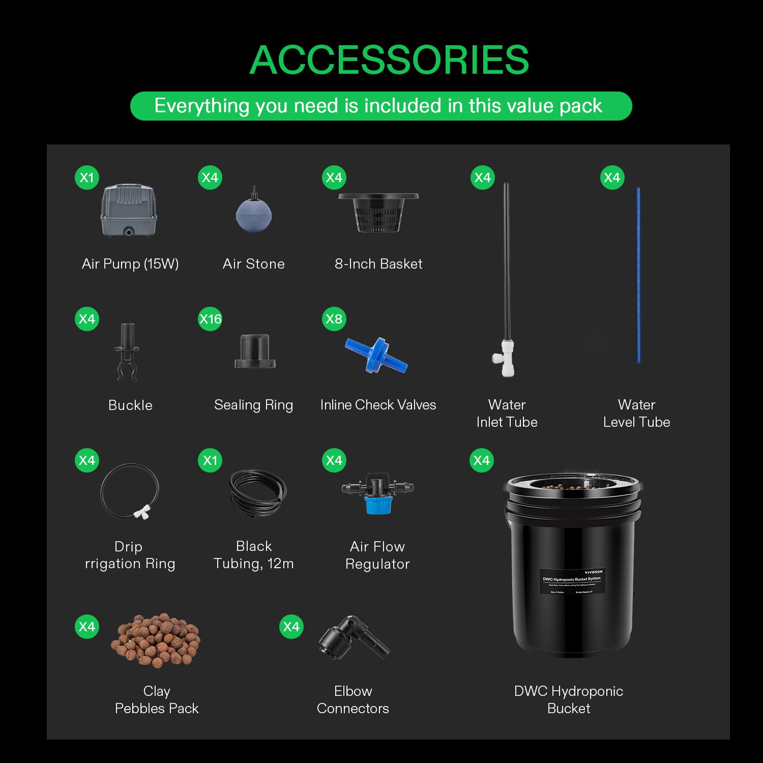 VIVOSUN 5-Gallon DWC Hydroponics Grow System with Top Drip Kit - Deep Water Culture Recirculating Garden System, Includes Air Pump, Hose & Stone (4 Buckets) - Ideal for Indoor Herb, Vegetable & Flower Growing