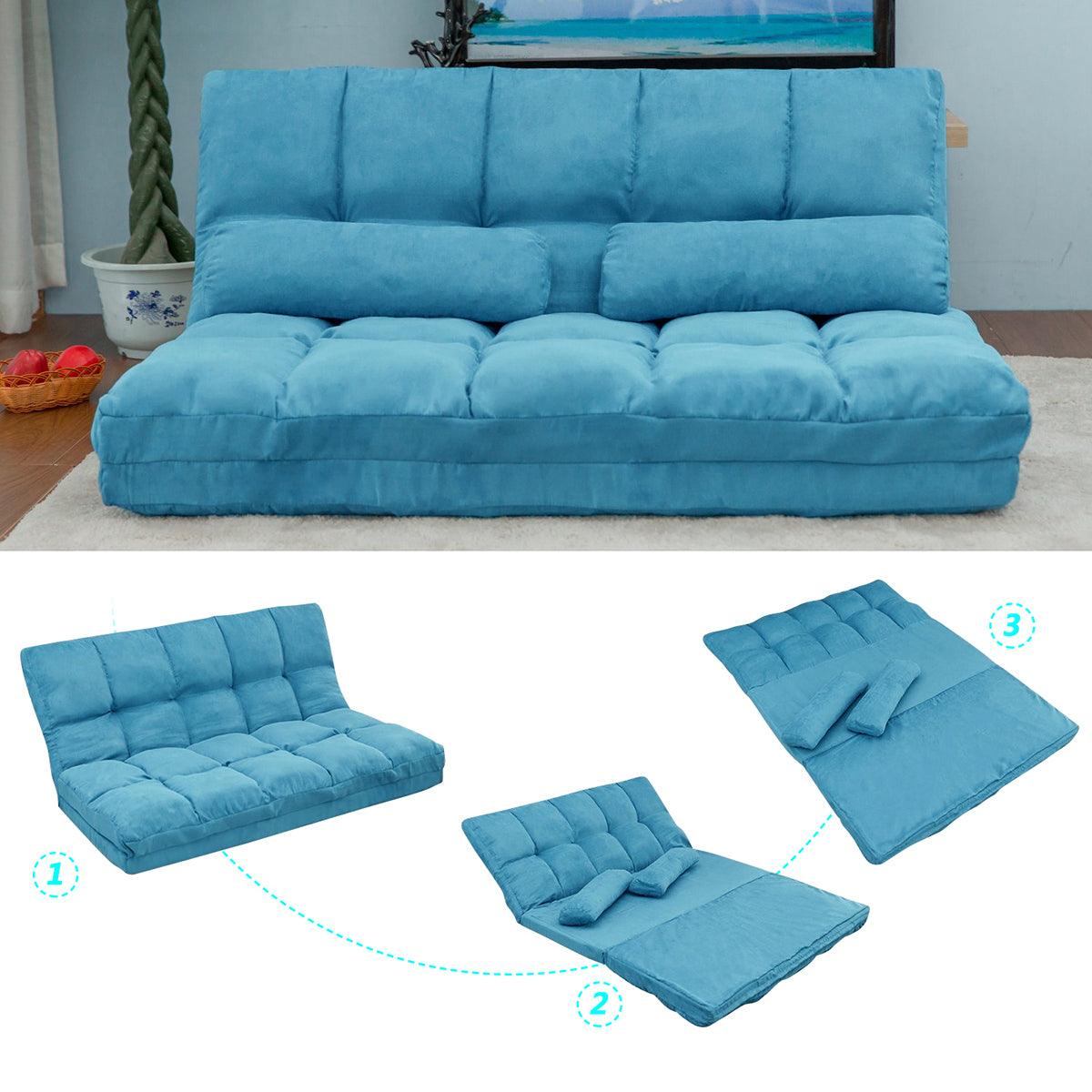 Double Chaise Lounge Sofa - Floor Couch with 2 Pillows, Blue - Perfect for Living Room, Bedroom & Home Theater Relaxation