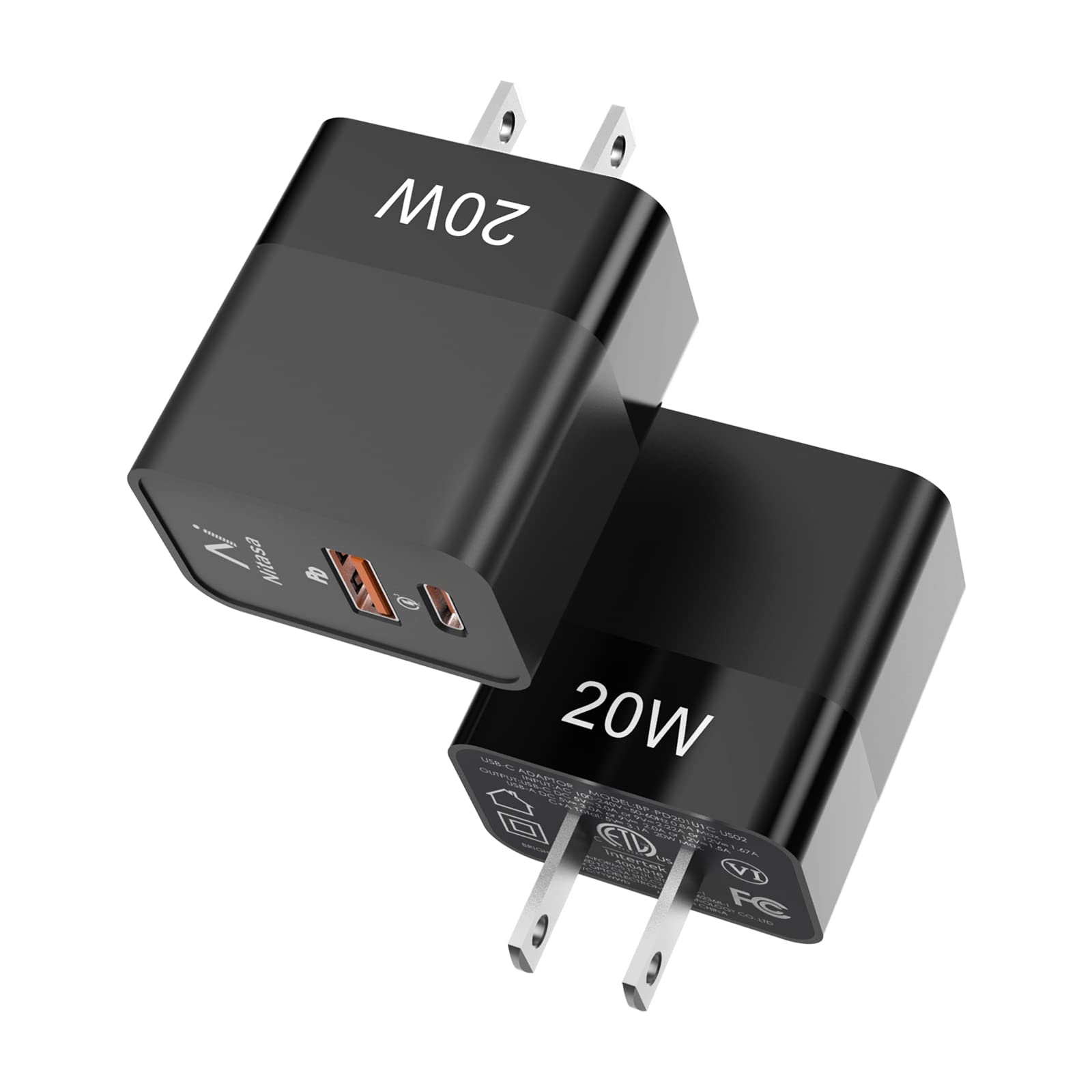 NITASA 20W USB C Wall Charger 2-Pack - Dual Port Fast Charging with PD & QC 3.0 for iPhone 14/13/12/Pro Max/SE, iPad, Galaxy, Pixel - USB C Power Adapter for Home, Office & Travel