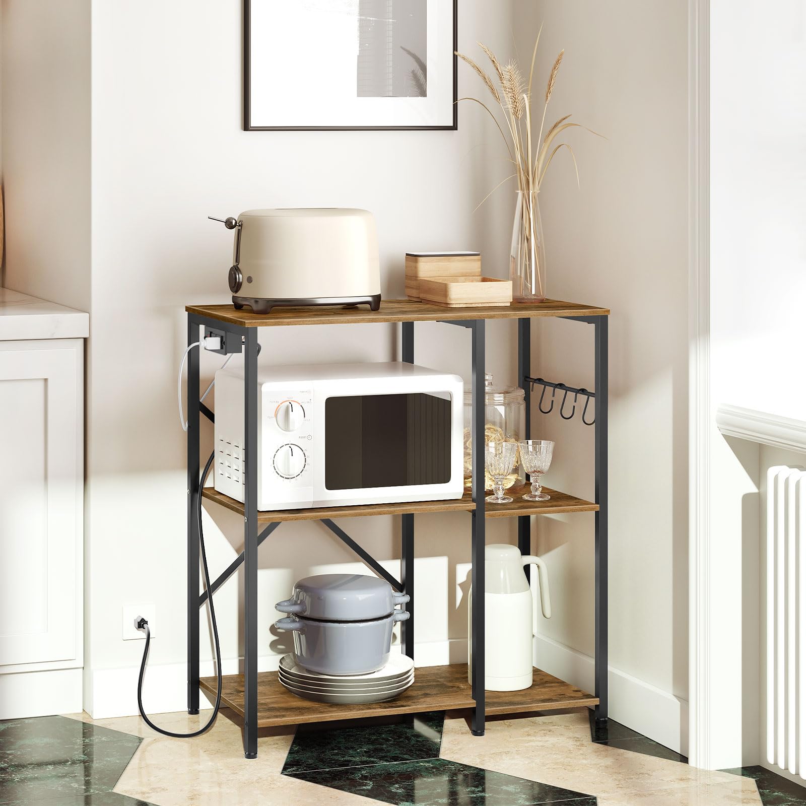 3-Tier Bakers Rack with Power Outlet & Hooks - Rustic Brown Microwave Stand, Multifunctional Coffee Bar & Kitchen Storage Organizer - Perfect for Small Kitchens, Dining Rooms & Living Room Decor