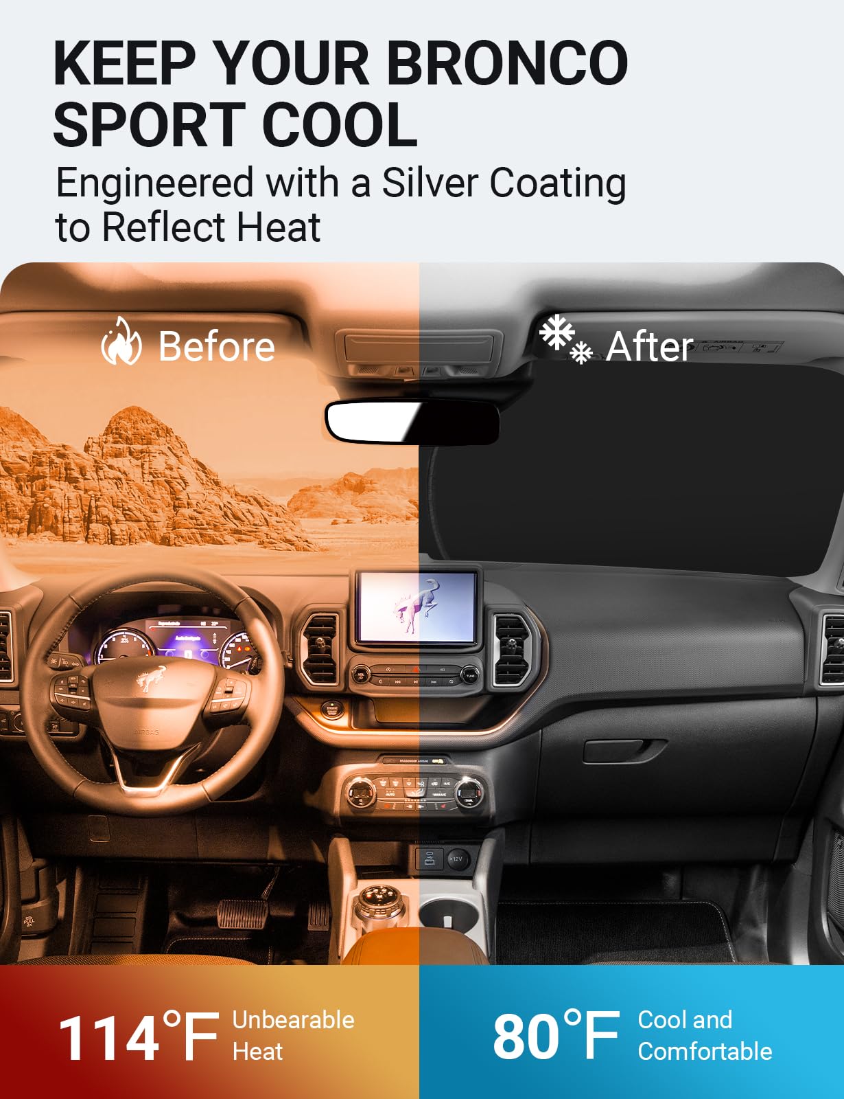 2025 Upgrade Proadsy Front Windshield Sun Shade - Foldable Car Sunshade Protector Custom Fit for Ford Bronco Sport 2021-2025 | UV & Heat Protection for Parking, Road Trips & Summer Driving