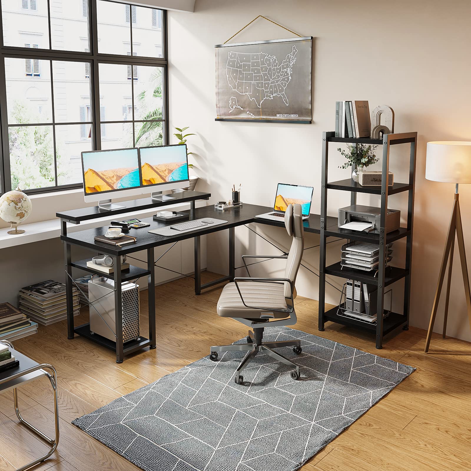 ODK L-Shaped Desk with Shelf, Black 140×137 cm - Long Monitor Support, Home Office & Gaming Desk for Workspace & Study Room
