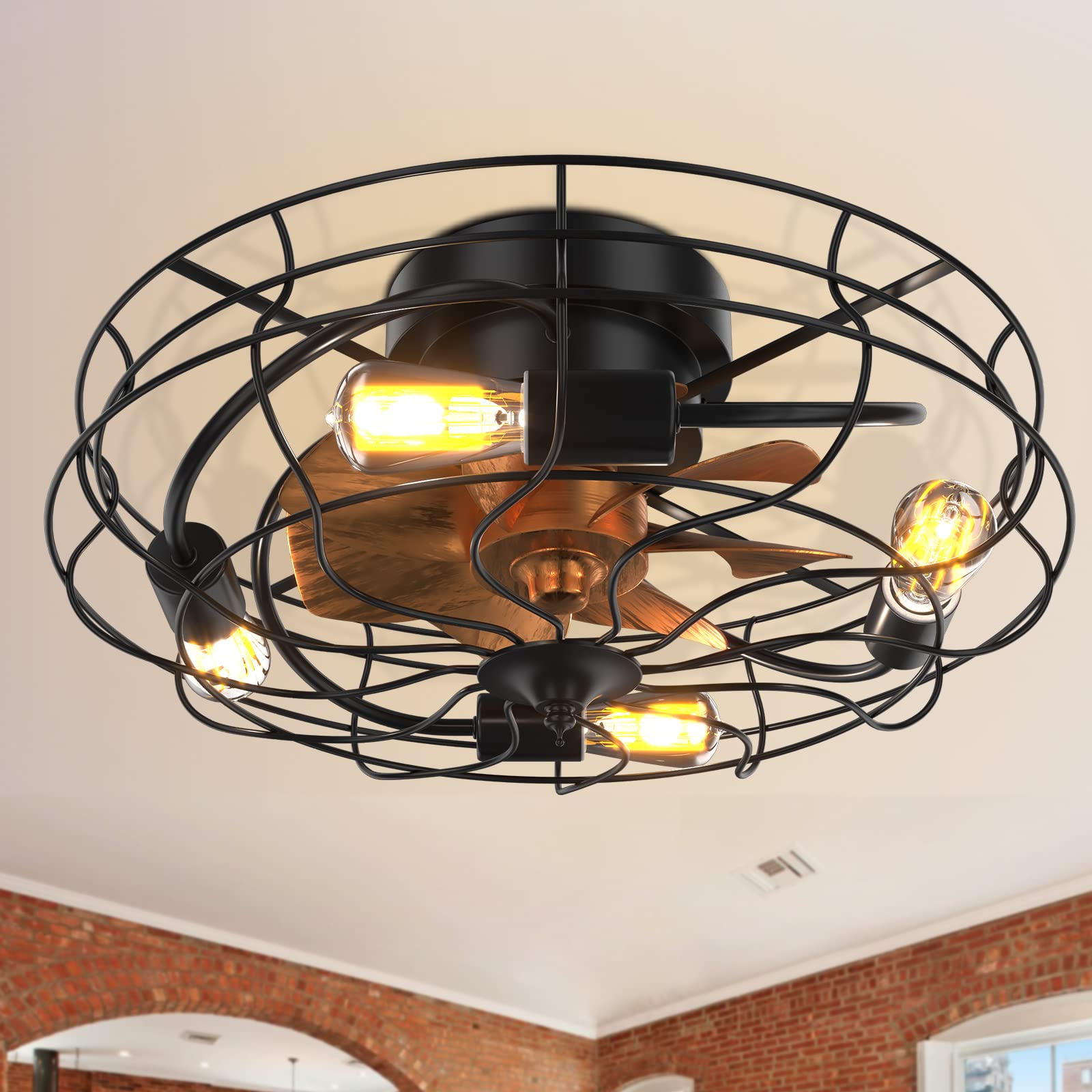 20'' Caged Ceiling Fan with Light - Sofucor Low Profile Small Ceiling Fan with 6 Bulbs, 6 Speed Settings - Perfect for Kitchen, Bedroom, Dining Room, Office & Patio