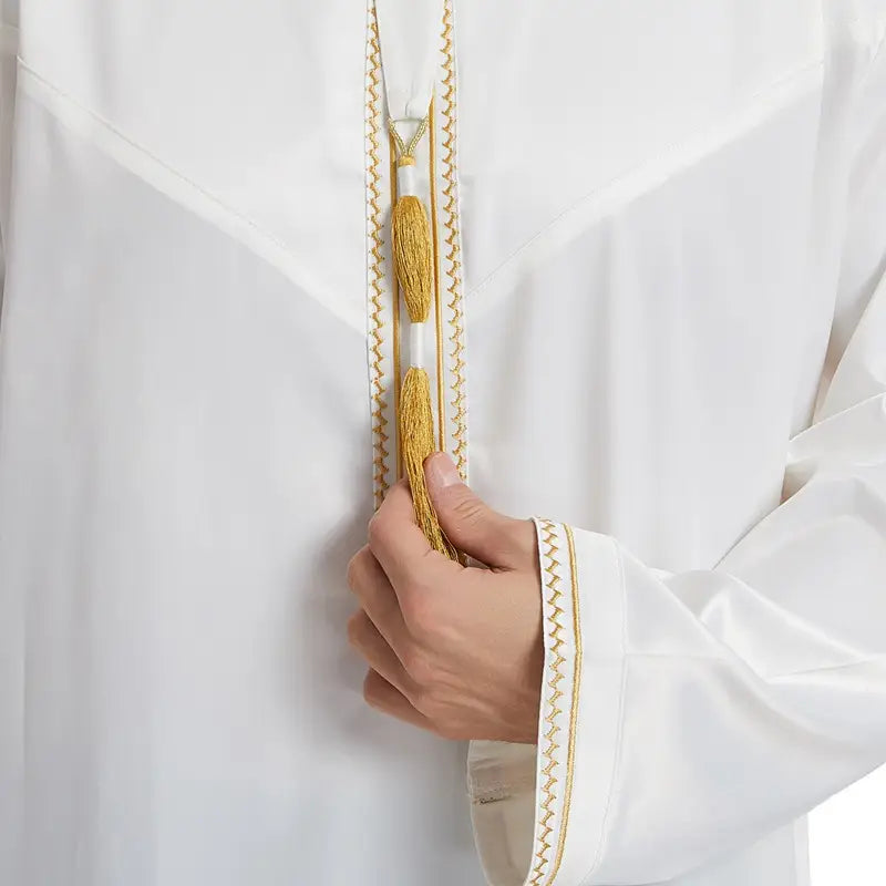 Premium Middle Eastern Arab Men's Thobe Thawb Caftan with Elegant Tassels - Perfect for Eid, Weddings & Special Occasions