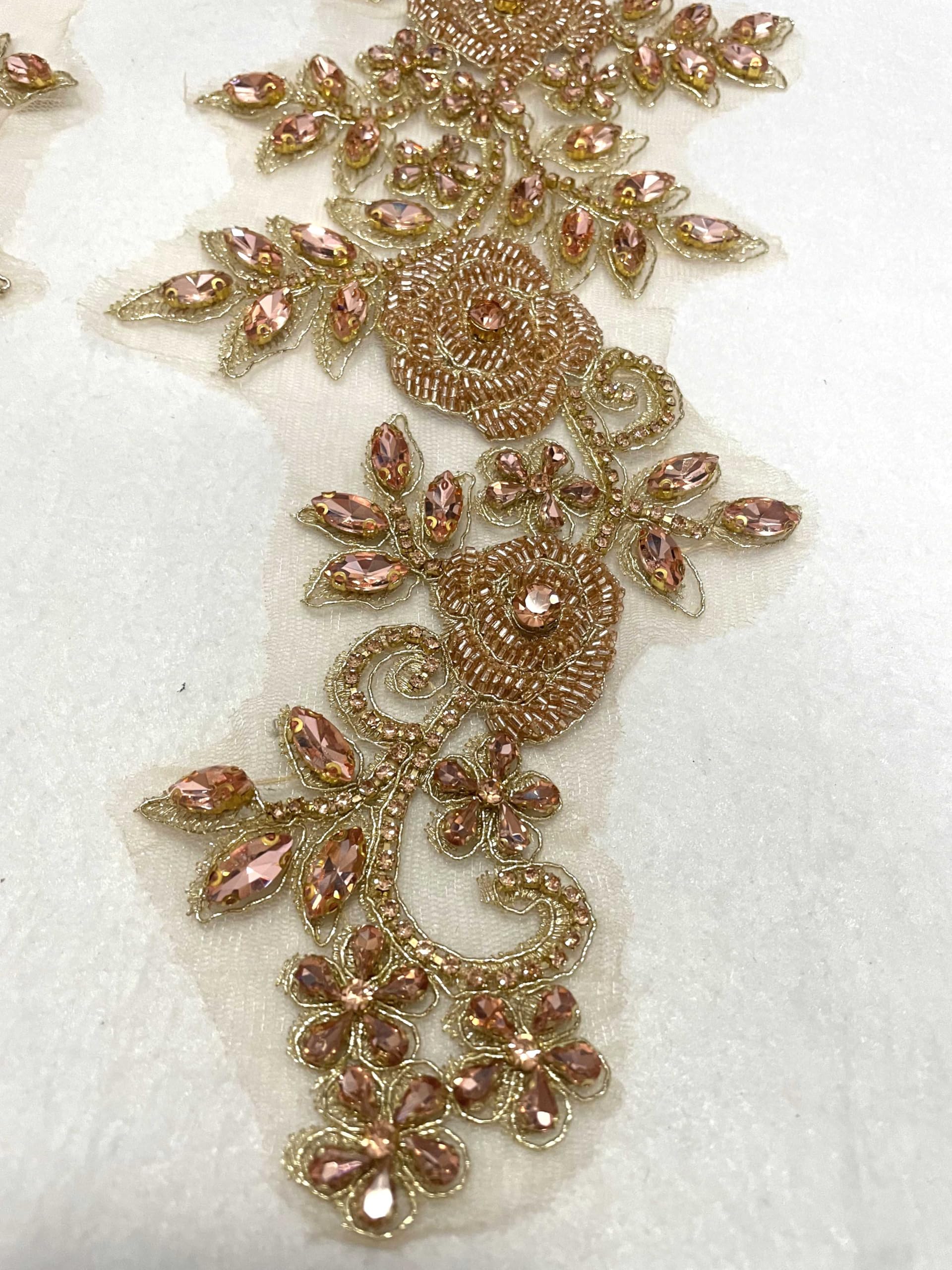 Champagne & Rose Gold Beaded Rose Flowers & Leaves Rhinestone Applique Pair - Elegant Embellishment for Prom Dresses, Belts, Arts & Crafts, Sewing Decorations | Perfect for DIY Wedding Accessories, Costume Design, and Fashion Embellishments