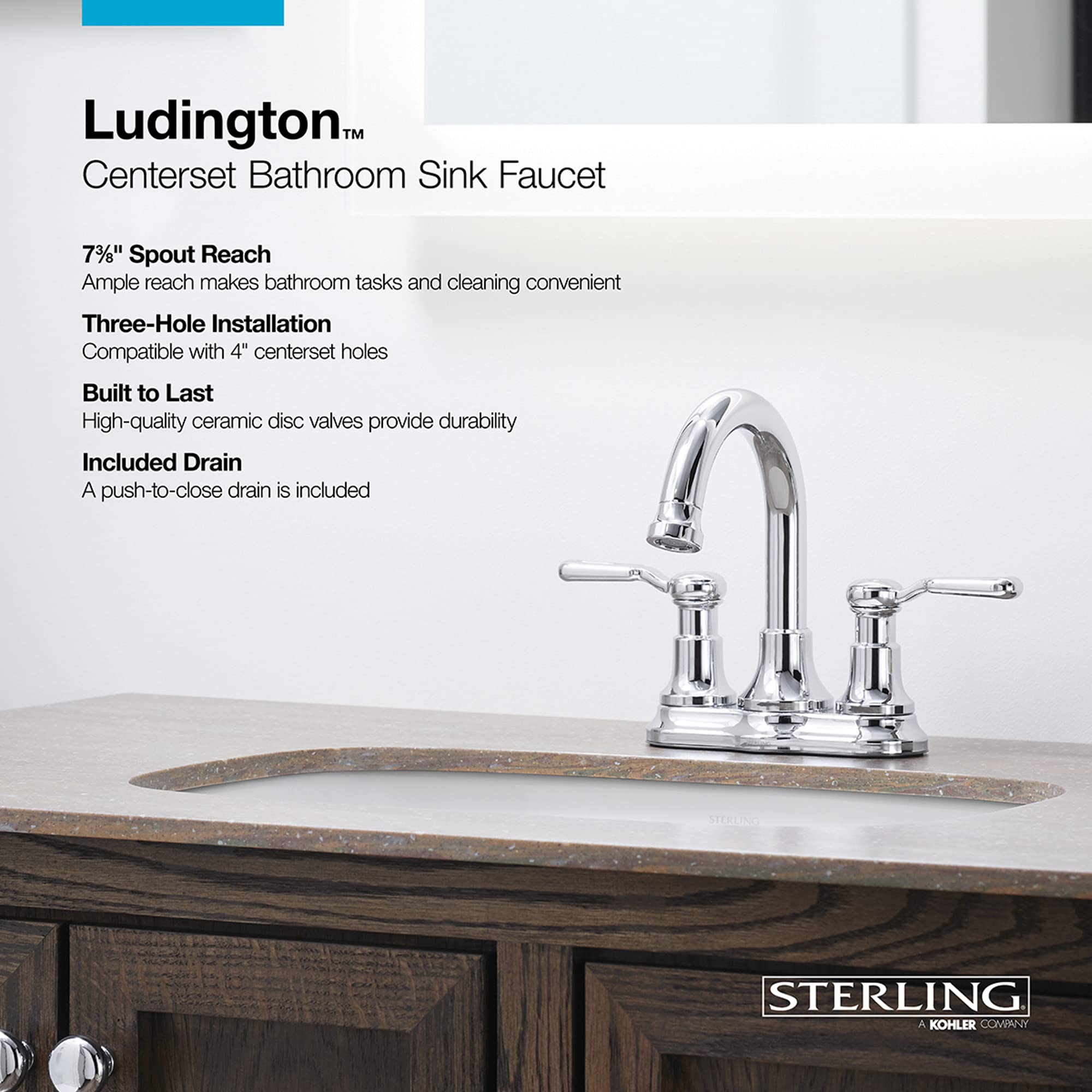 KOHLER Ludington Centerset Bathroom Sink Faucet - Modern 2-Handle Bathroom Faucet with High Arc Spout for Vanity Sink, Perfect for Home, Hotel, and Commercial Use