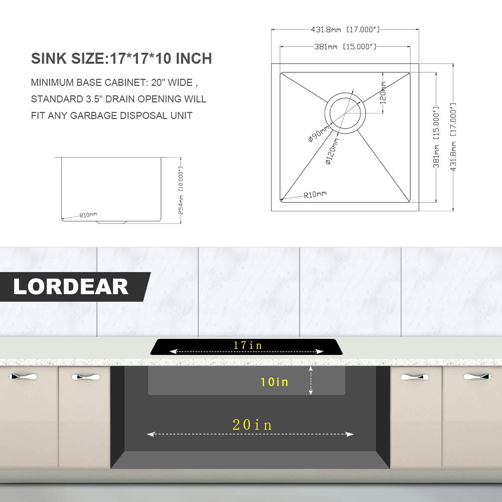 Lordear 17-Inch Undermount Bar Sink - 16 Gauge Stainless Steel Single Bowl Kitchen Sink for RV, Camper & Outdoor Use - Square Under Counter Prep Sink for Bars, Restaurants & Home Kitchens