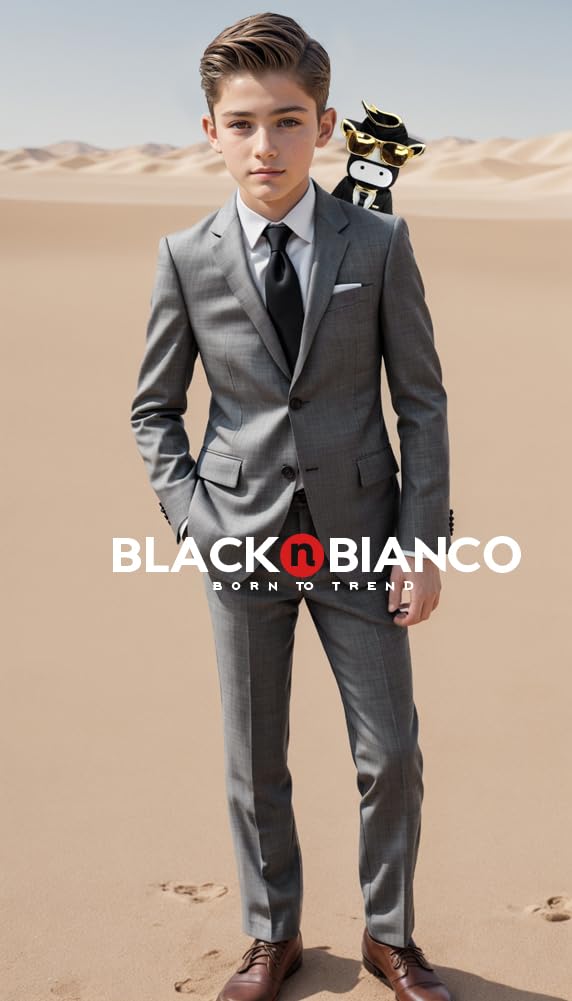 Black n Bianco Signature Boys' Slim Fit Suit Set - Formal Blazer, Dress Pants & Tie Outfit for Weddings, School Events & Special Occasions