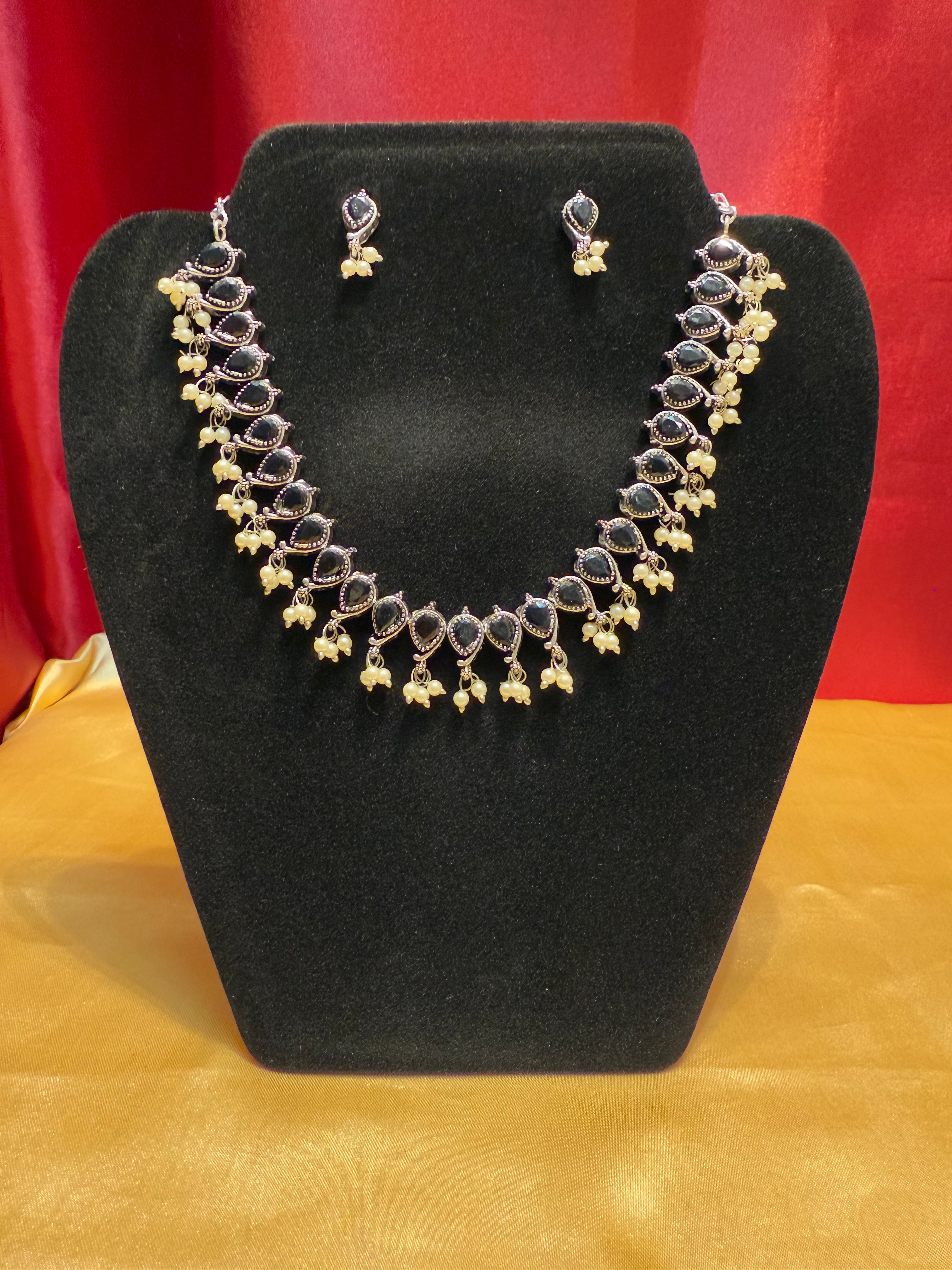 Elegant Black Oxidized Necklace and Earrings Set with White Beads - Perfect for Weddings, Parties & Special Occasions