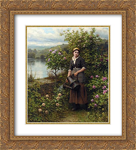 Daniel Ridgway Knight Watering The Garden 20x22 Inch Gold Ornate Framed Art Print with Double Mat - Vintage Home Decor, Living Room Wall Art, Office Decoration