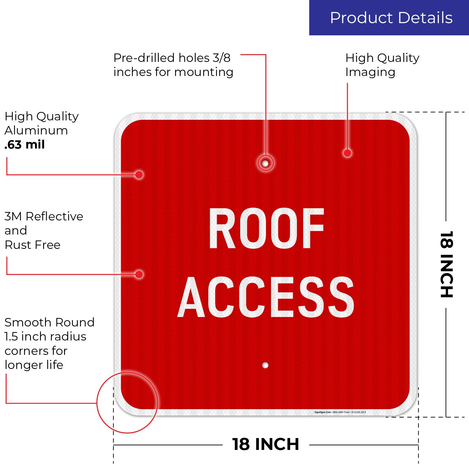 3M EGP Reflective Roof Access Sign - 18x18 Inches, .063 Aluminum, Fade Resistant - Indoor/Outdoor Safety Signage for Buildings, Warehouses & Construction Sites - Made in USA