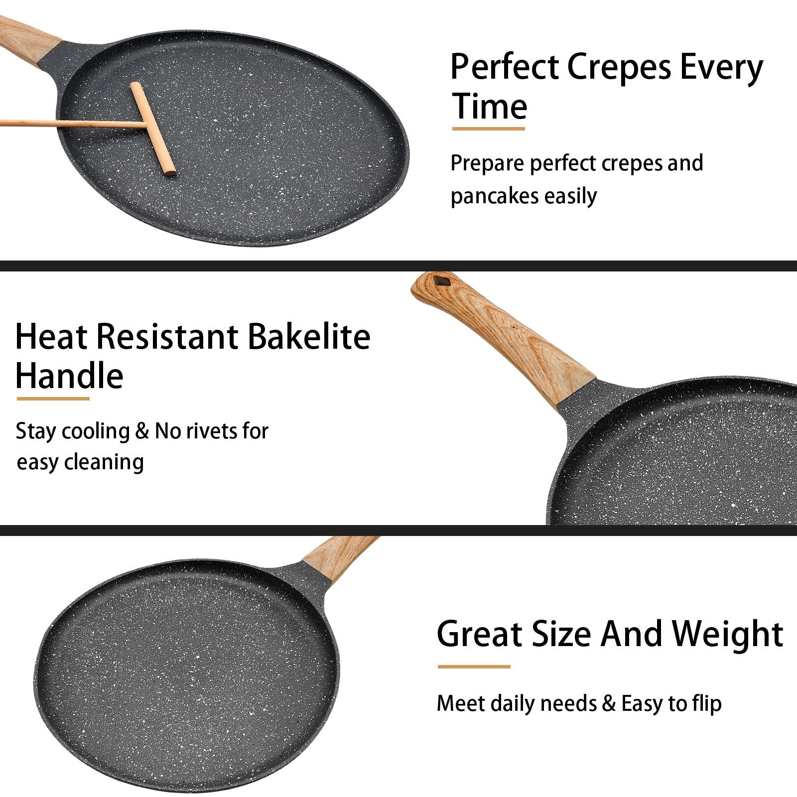 11 Inch Nonstick Skillet Pan - PFOA Free Die-Cast Aluminum Crepe & Dosa Pan - Perfect for Pancakes, Omelettes, Tortillas & Eggs (Includes Food Clip) - Ideal for Breakfast, Brunch & Indian Cooking