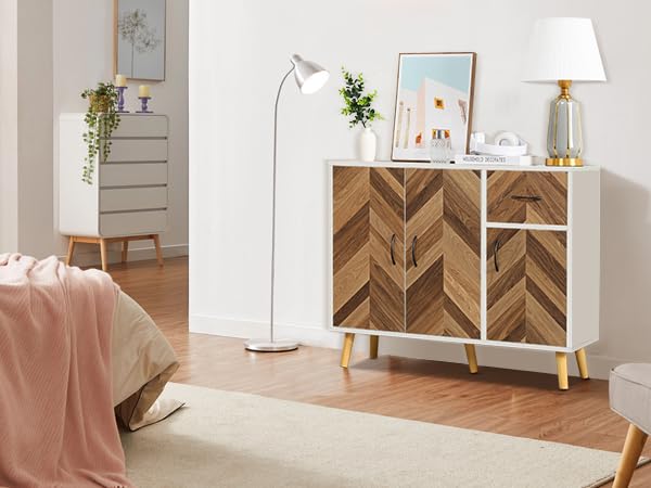 Mid-Century Modern Sideboard Buffet Cabinet with Storage - Slim Console Table with Drawers for Kitchen, Living Room, Hallway & Entryway - White Brown Rustic Finish - Perfect for Dining Room Storage & Home Decor