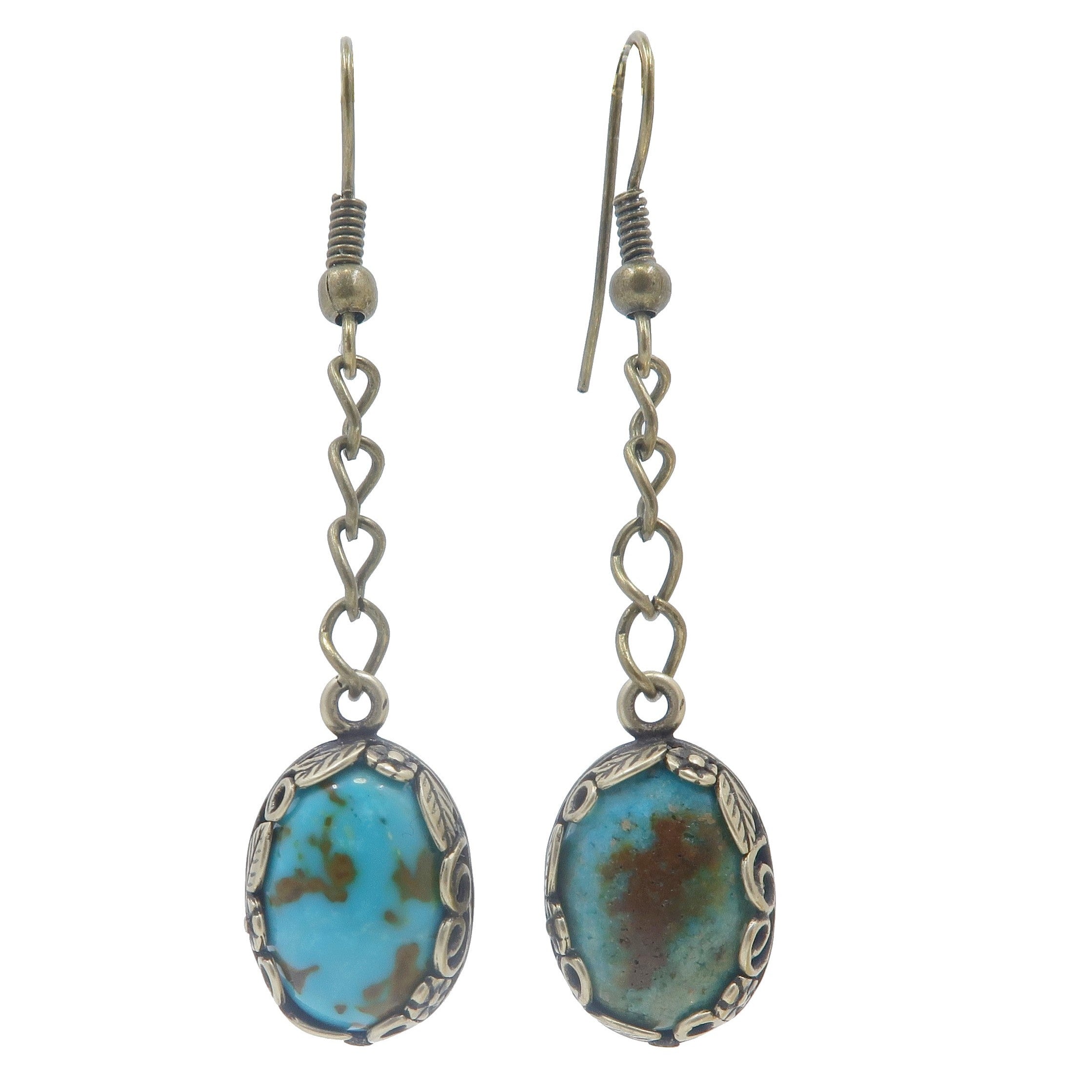 Turquoise Earrings for Women - Earth Sky Gems with Antiqued Leaf Design | Boho Chic Jewelry for Casual Wear, Parties & Special Occasions