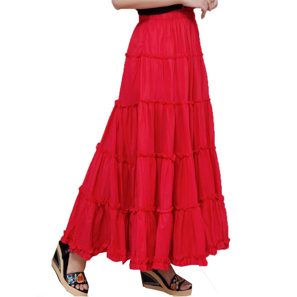 Saukiee Women's Bohemian Elastic Waist Long Skirt - Cotton Circle Ruffle Broomstick Peasant Maxi Tiered Skirts for Summer, Beach, Festival & Casual Wear