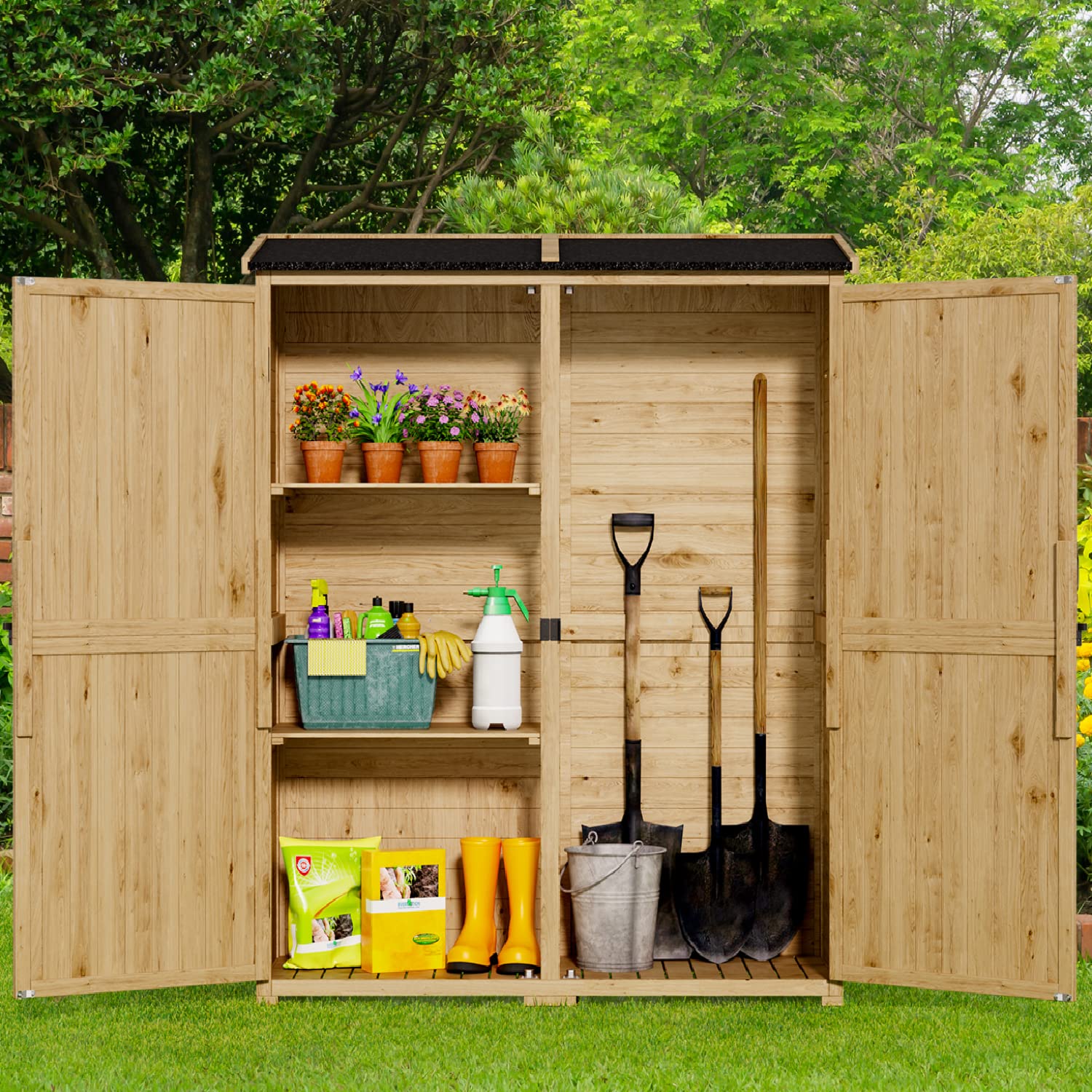 **Gizoon Waterproof Outdoor Storage Cabinet - Double Lockable Doors, 2 Removable Shelves, Large Wooden Garden Shed for Patio, Backyard & Lawn | Perfect for Storing Tools, Cushions & Outdoor Gear**