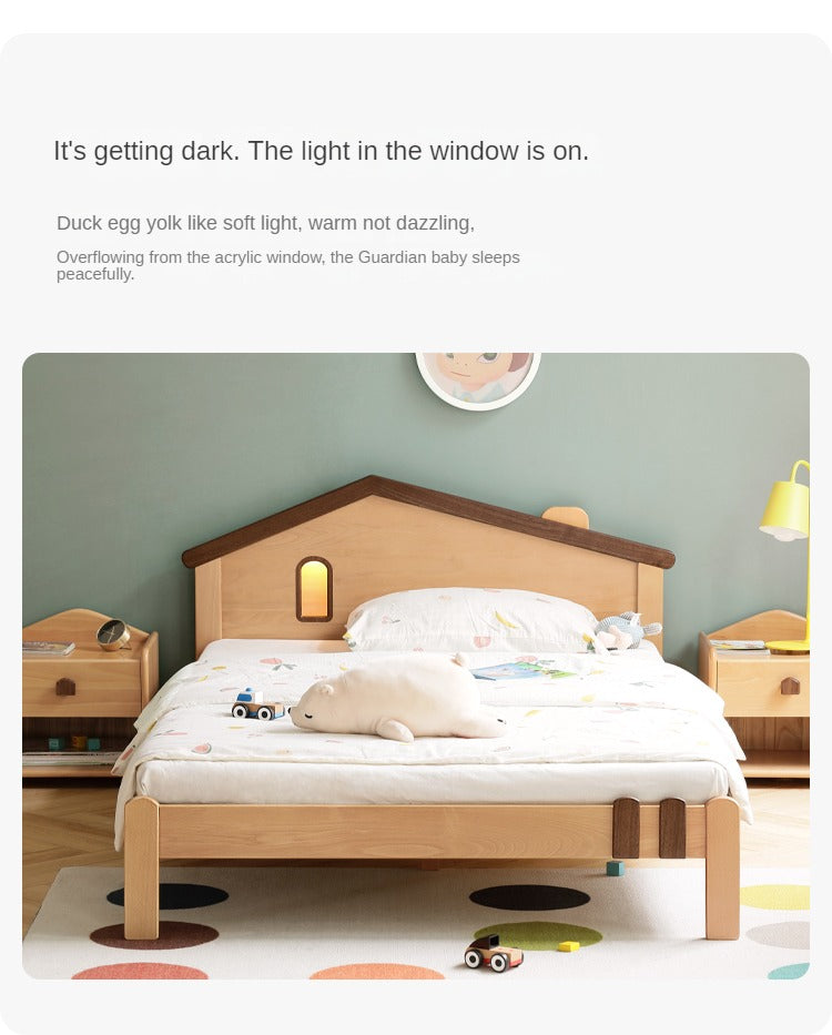 Kids Wooden Bed with Night Light - Beech & Poplar Little House Design with 15-Minute Auto Light Off - Perfect for Bedrooms, Playrooms & Cozy Sleep Spaces