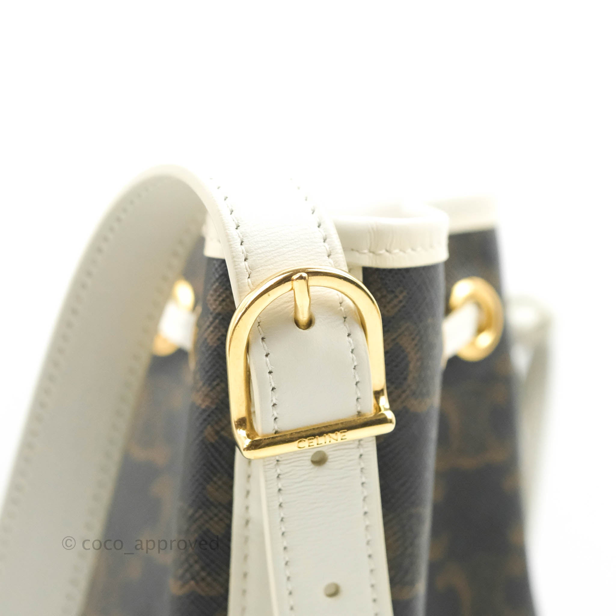 Celine Small Drawstring Bag Triomphe Canvas White Calfskin Leather Crossbody Purse for Women | Luxury Designer Handbag for Everyday Use & Special Occasions