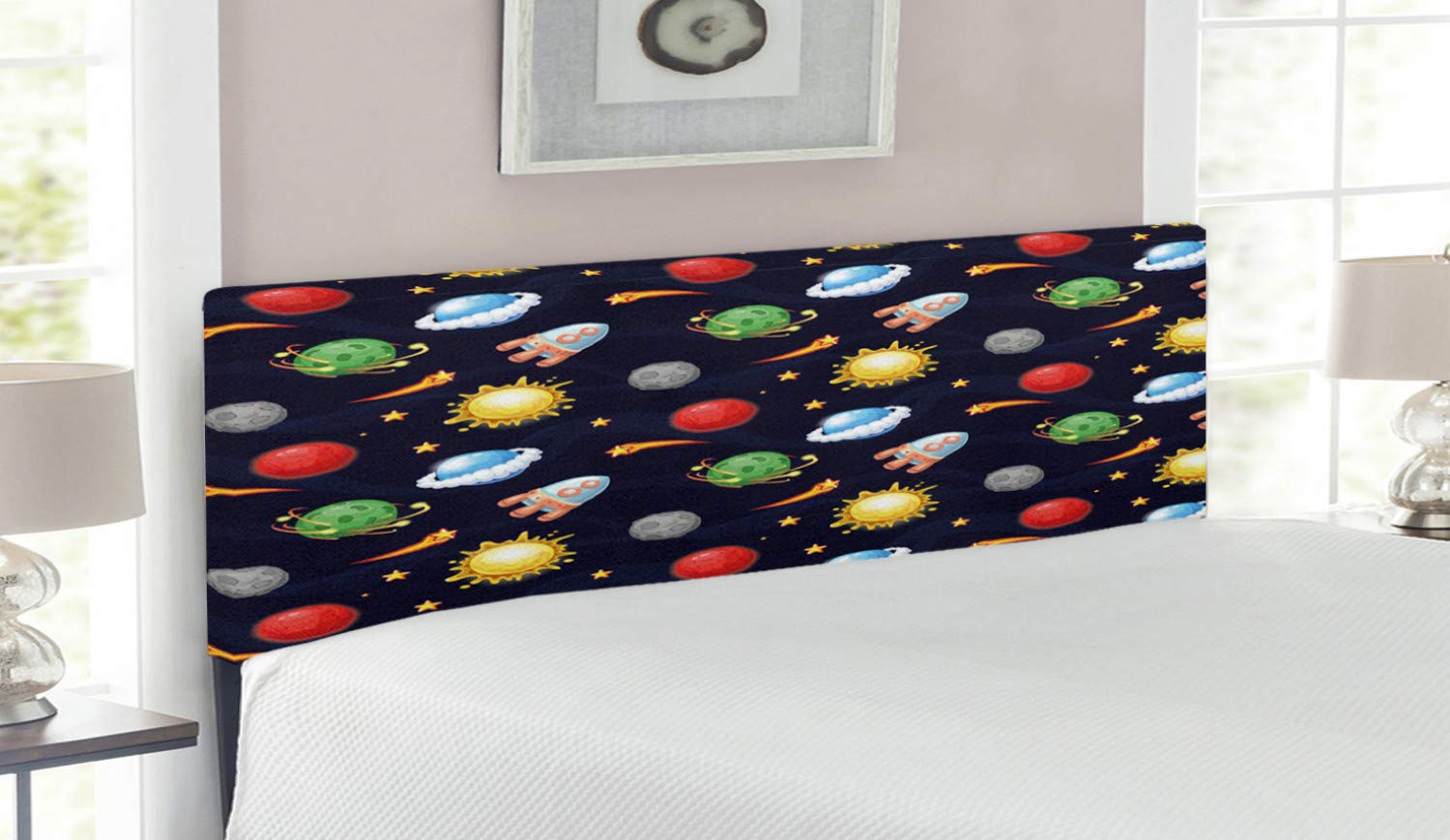 Ambesonne Space Themed Queen Size Headboard - Cartoon Style Cosmos Design with Sun, Stars, Planets & Rocket - Upholstered Decorative Metal Bed Frame with Memory Foam - Multicolor - Perfect for Kids' Bedroom, Space-Themed Nursery or Sci-Fi Decor