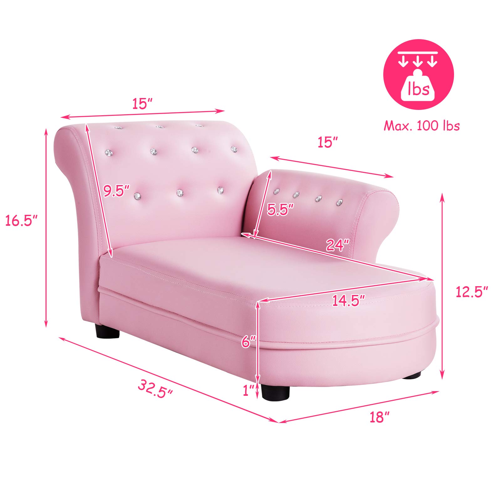 GLACER Pink Princess Toddler Sofa - PVC Leather Kids Couch with Embedded Crystals, Upholstered Chaise Lounge & Armchair for Girls | Perfect for Playrooms, Bedrooms & Birthday Gifts