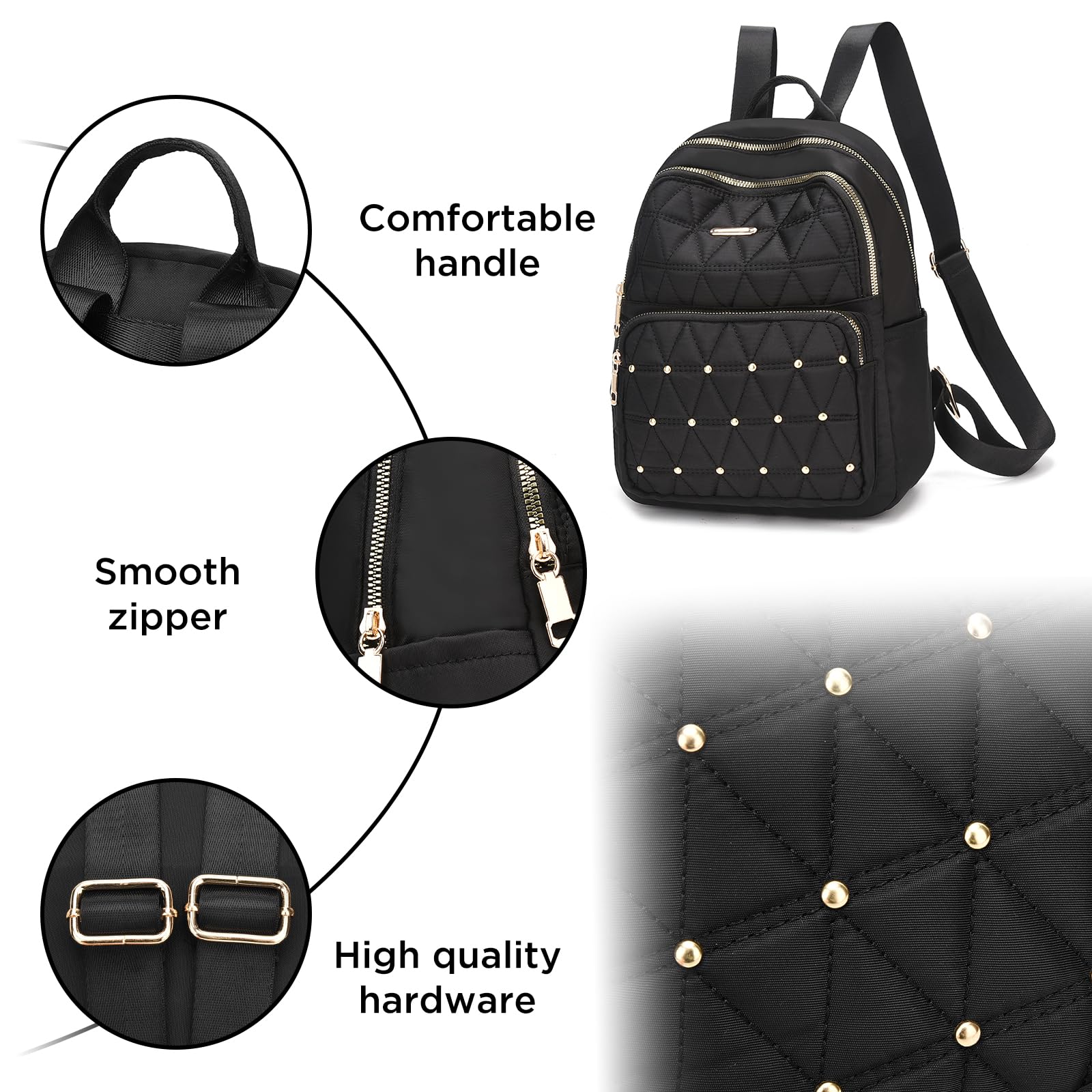 IHAYNER Mini Backpack for Women - Lightweight Nylon Shoulder Bag for Travel, College & Work - Stylish Casual Daypack with Rivets (Black) - Perfect for Daily Commute, Weekend Outings & School Essentials