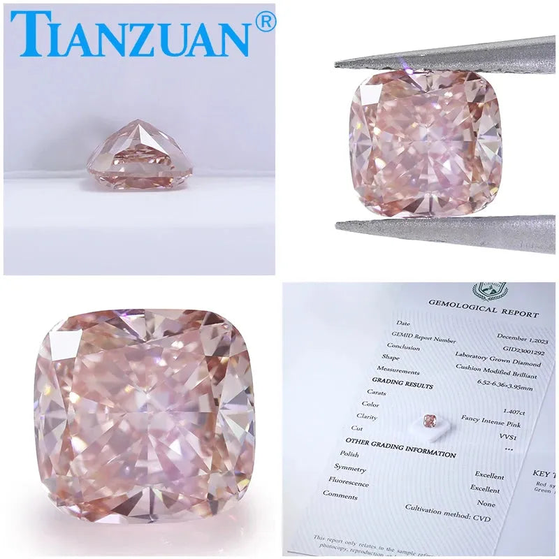 Lab Grown CVD Cushion Cut Fancy Intense Pink Diamond - VVS1/VS1/VS2 Clarity, 2EX Cut, GEMID Certified Loose Gemstone for Engagement Rings & Jewelry Making