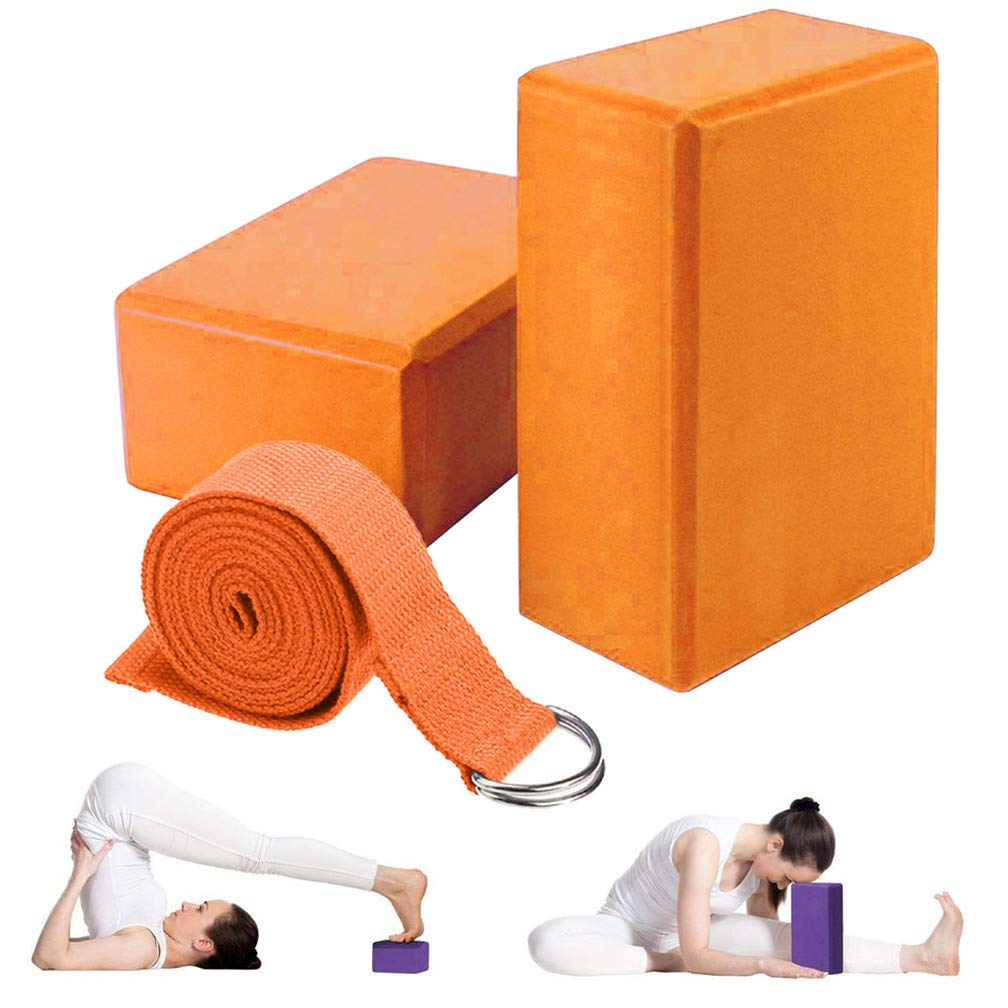 2PCS Yoga Blocks & Strap Set - Non-Slip High Density EVA Foam Exercise Bricks with Metal D-Ring Stretch Bands for Pilates, Gym, Ballet, Dance & Home Workouts | Perfect for Beginners & Flexibility Training