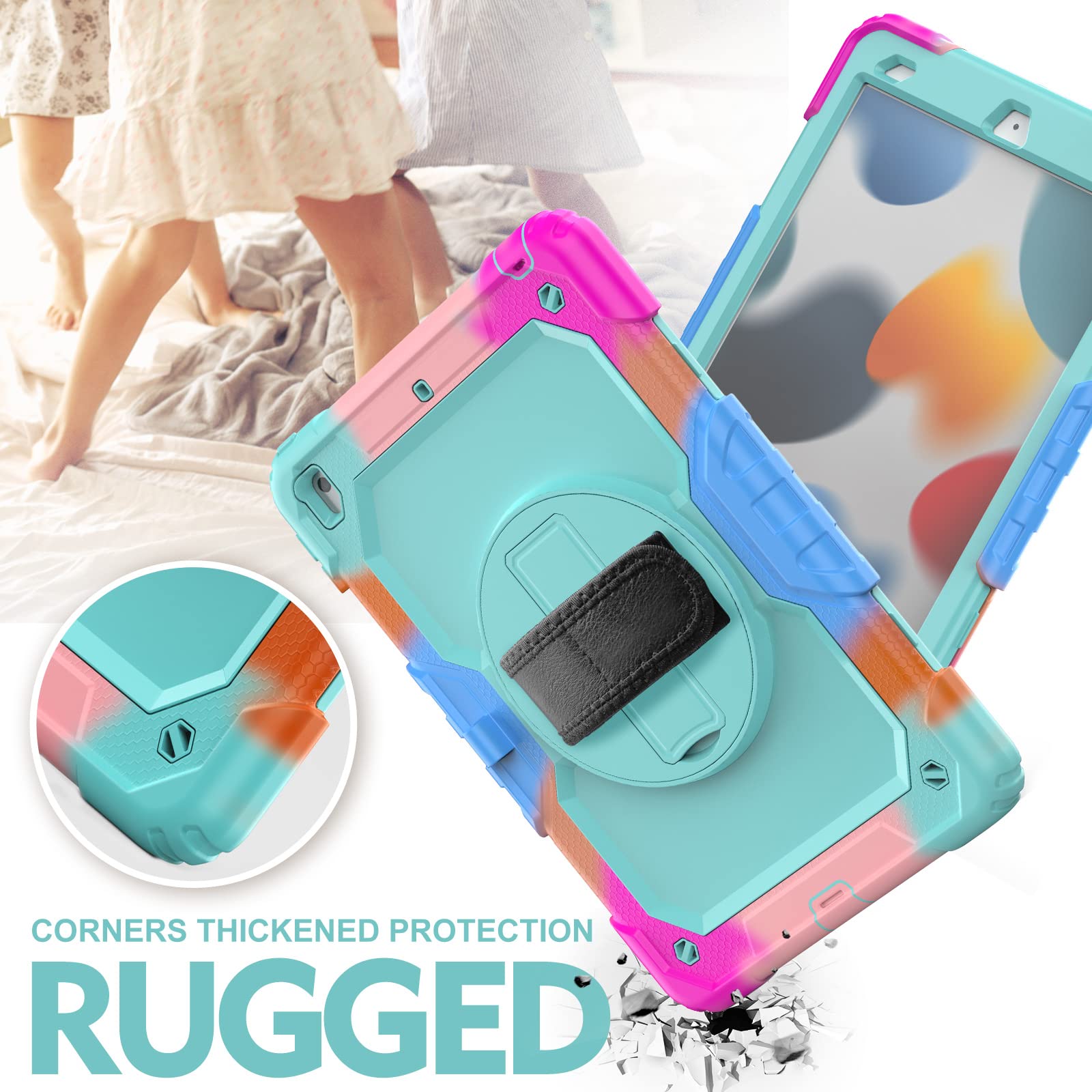 BLOSOMEET iPad Case for 9th/10th Generation 10.2 inch (2021/2020/2019 Models) - Shockproof Kids Protective Cover with Built-in Stand, Pen Holder & Adjustable Shoulder Strap | Includes Tempered Glass Screen Protector | Turquoise Blue | Perfect for School, Travel & Home Use