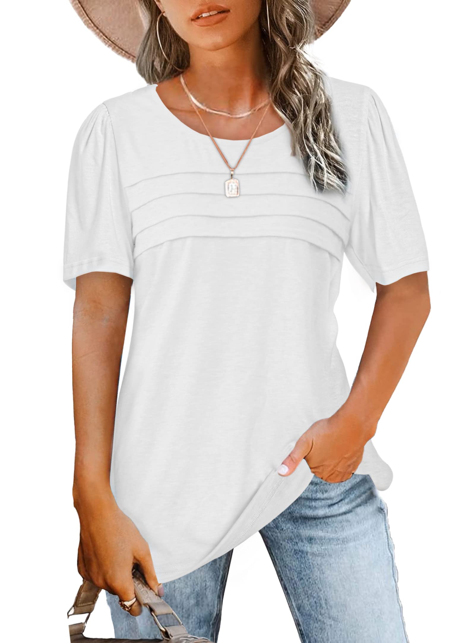 JomeDesign Women's Summer Tops - Short Sleeve Crew Neck T-Shirts with Puff Sleeves | Casual Blouse for Beach, Vacation & Everyday Wear