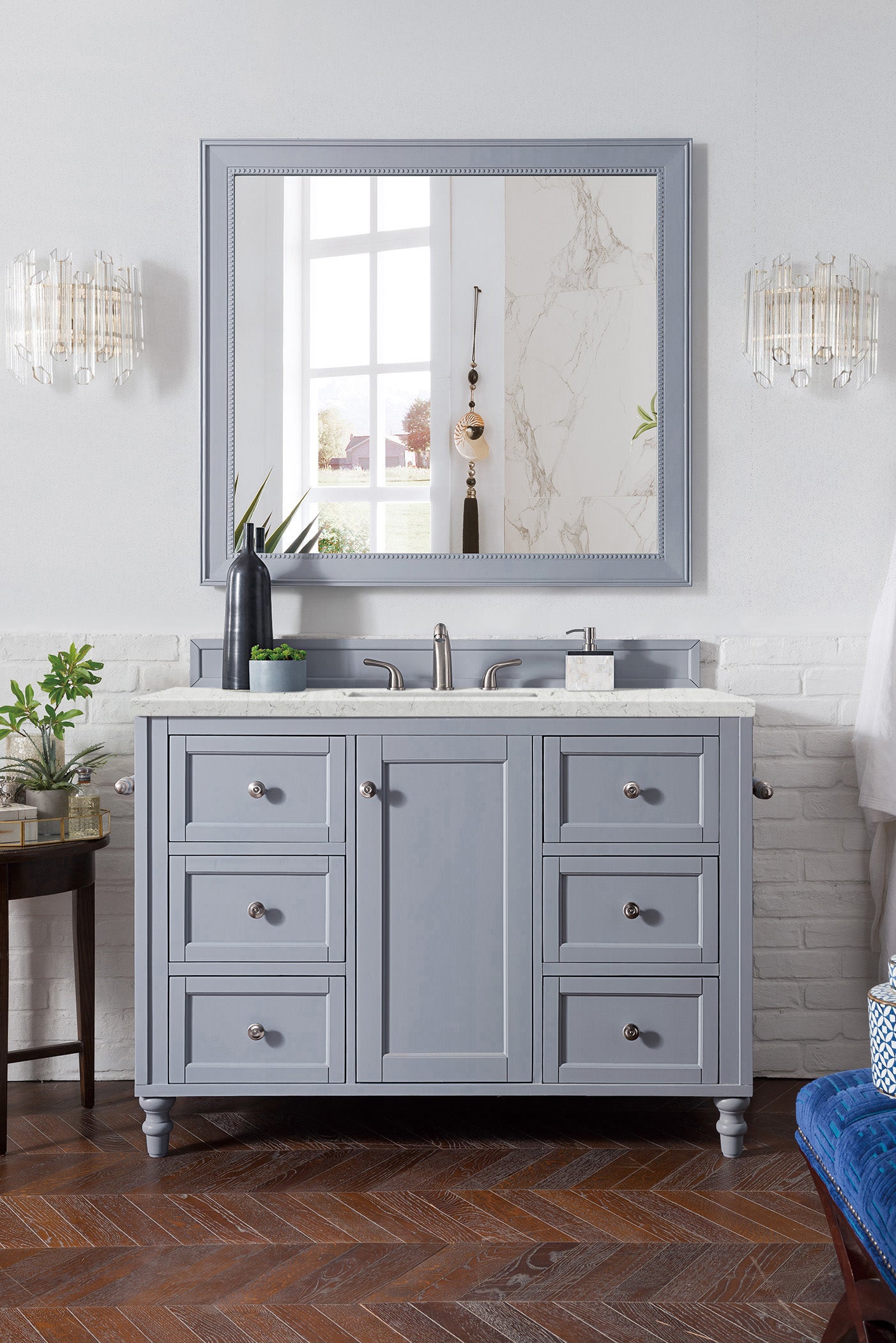 Copper Cove Encore 48 Inch Single Bathroom Vanity with 3CM Eternal Jasmine Pearl Quartz Top - Silver Gray Finish | Modern Space-Saving Design for Small Bathrooms & Powder Rooms