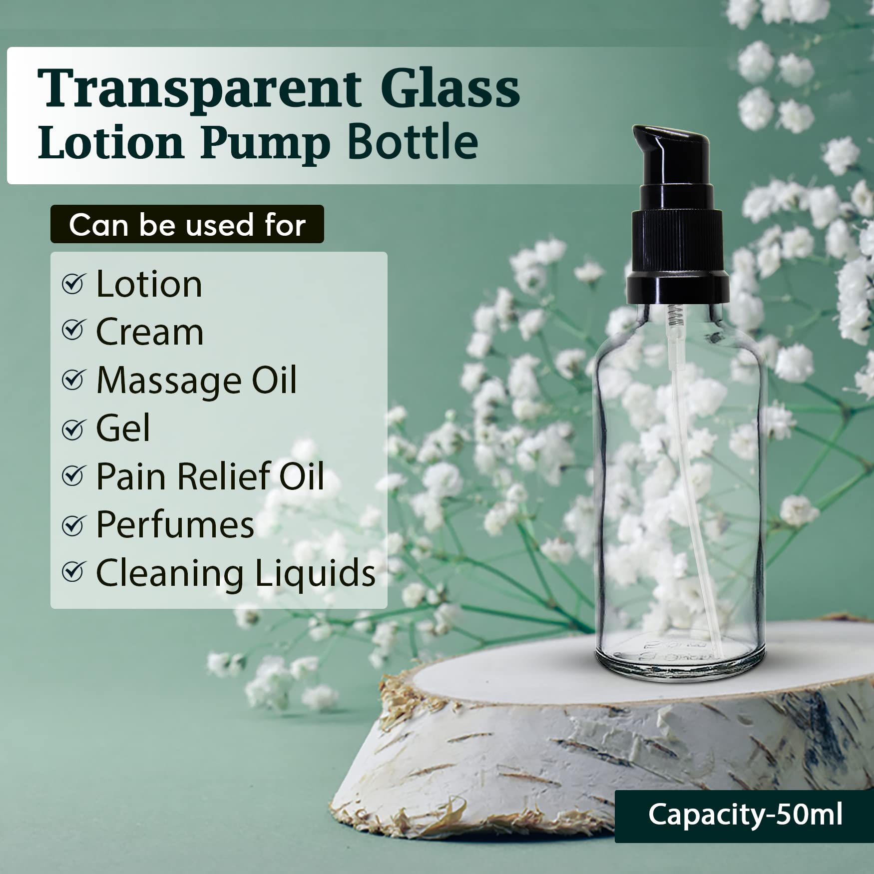 NSB Herbals 50ml Clear Round Empty Glass Bottle with Lotion Pump & Black Cap - Essential Oil Bottles, DIY Skin Care, Cosmetic Containers (Pack of 3) | Perfect for Aromatherapy, Homemade Serums & Travel-Sized Beauty Products