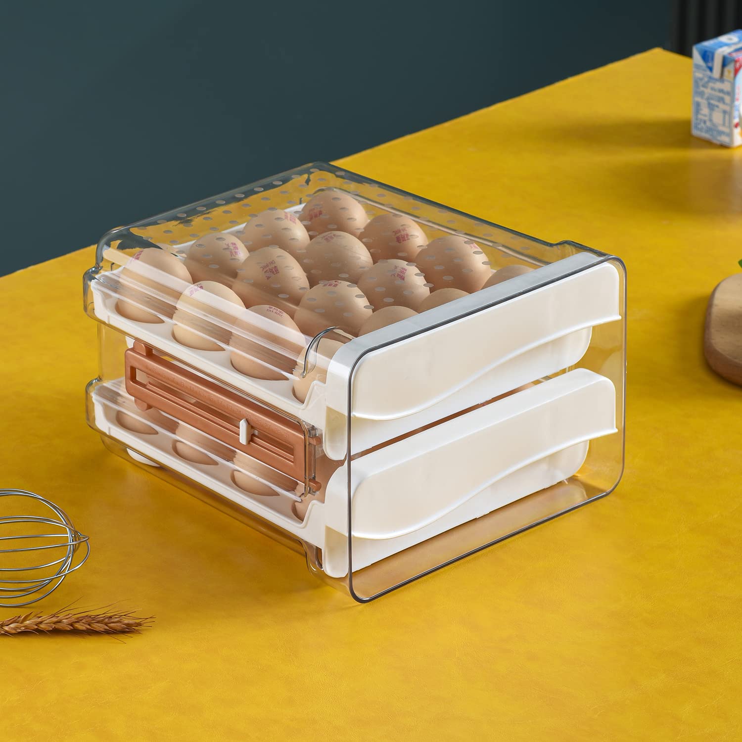 Sooyee 32-Capacity Refrigerator Egg Holder with Time Scale, 2-Drawer Egg Storage Container & Organizer - Perfect for Kitchen Fridge Organization & Fresh Egg Storage