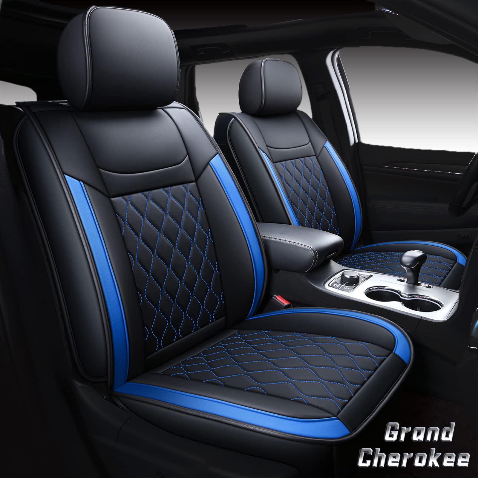 Premium Waterproof Leather Seat Covers for Jeep Grand Cherokee 2011-2022 - Custom Fit 2-Piece Front Set (Black & Blue) - Durable Protection for Off-Road Adventures & Daily Commutes