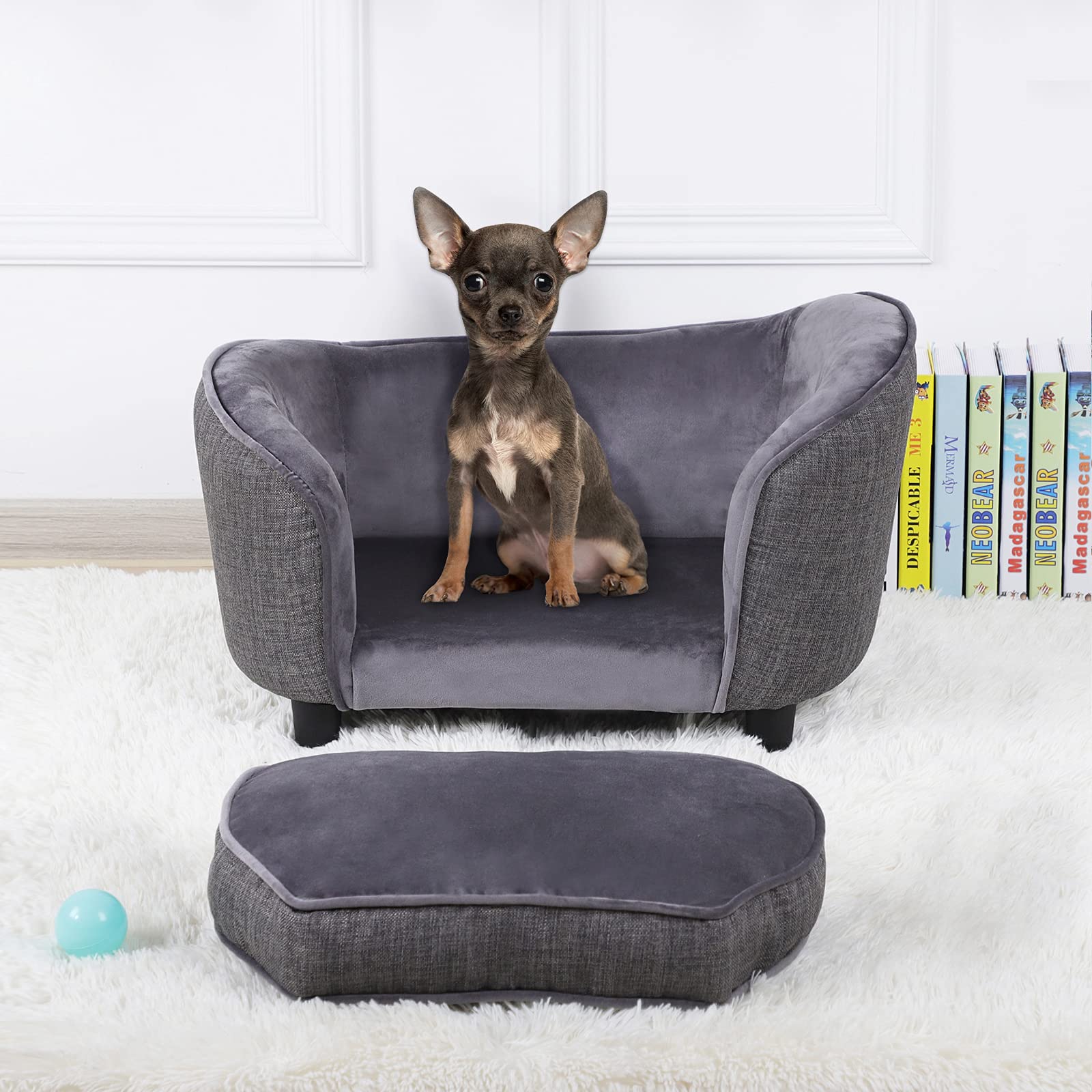 Premium Velvet & Linen Pet Sofa Bed - Washable Dog Couch for Small Dogs & Cats, Comfortable Gray Pet Bed for Living Room, Bedroom & Home Decor