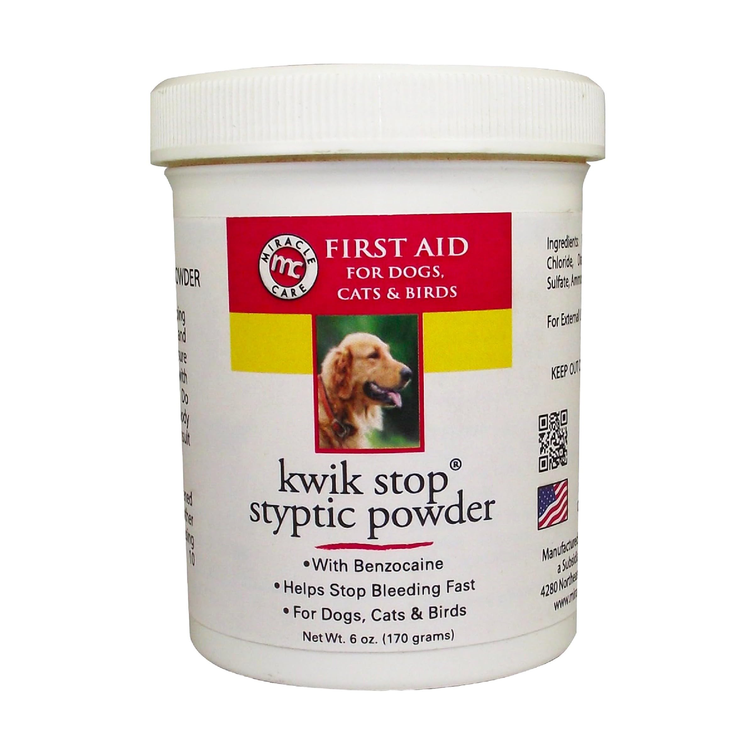 Miracle Care Kwik Stop Styptic Powder for Dogs, Cats & Birds - Fast-Acting Pet Blood Clotting Powder | Stops Bleeding from Nail Trims, Minor Cuts & Grooming Accidents | 6 oz | Perfect for Home Pet Care & First Aid Kits