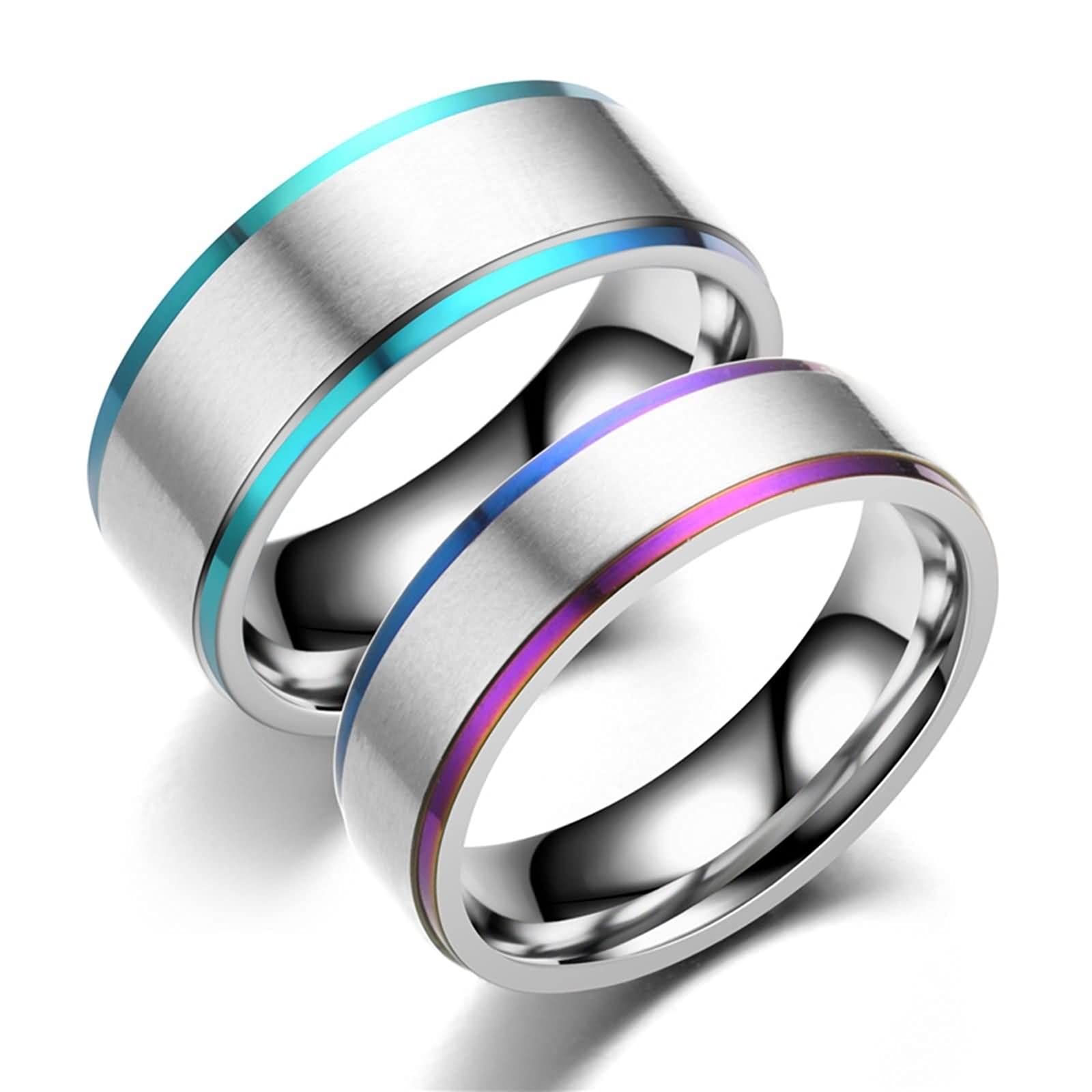 Women's Silver Rings with Colorful Line Edges - Stainless Steel Couple Rings for Wedding, Anniversary & Romantic Gifts | Durable & Hypoallergenic Jewelry